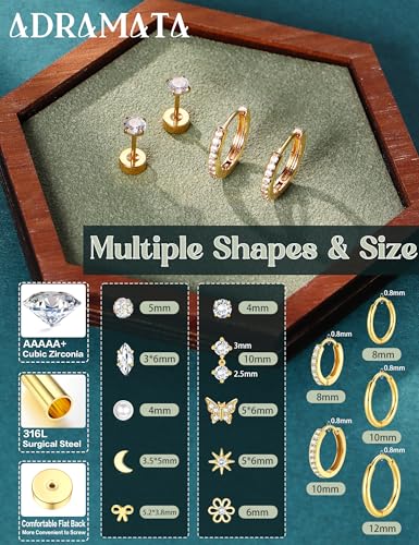 Detalle de ADRAMATA 15Pairs 14K Gold Plated Flat Back Earrings – Hypoallergenic Stainless Steel Stud & Hoop Set