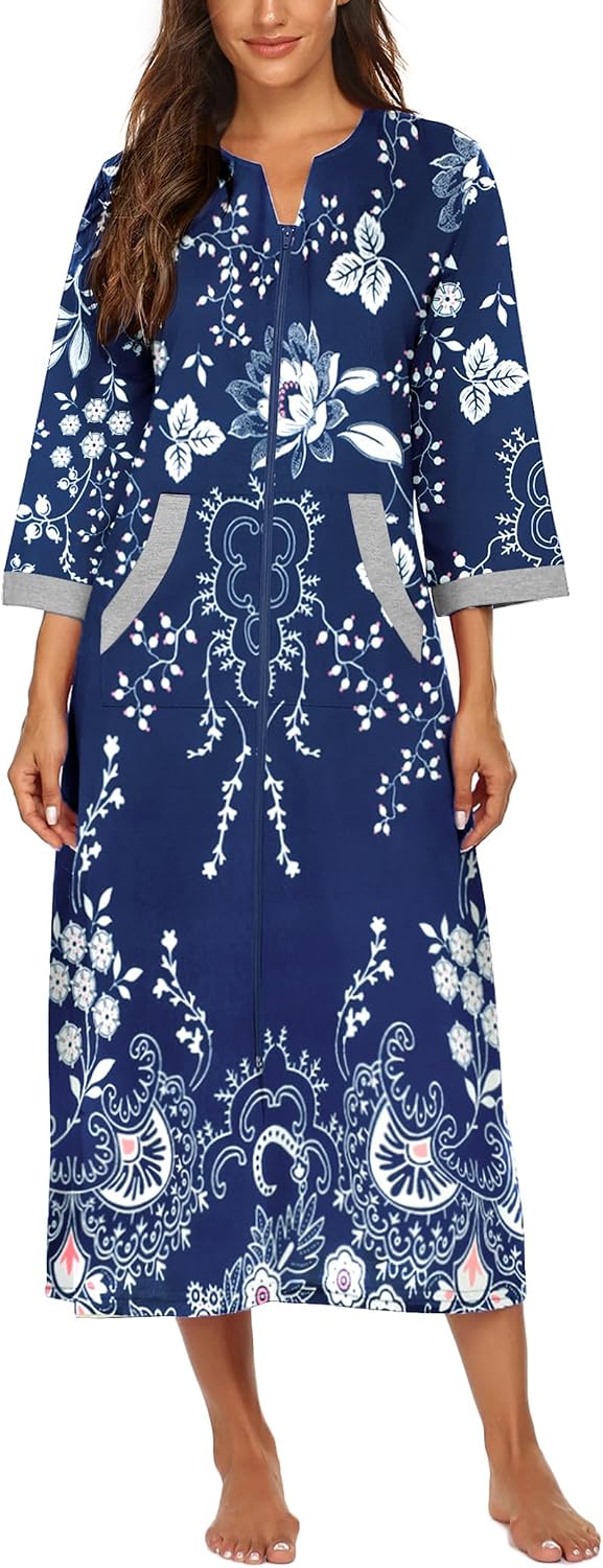 Detalle de Ekouaer Women's Full-Length Zip Robe with Pockets, 3/4 Sleeves