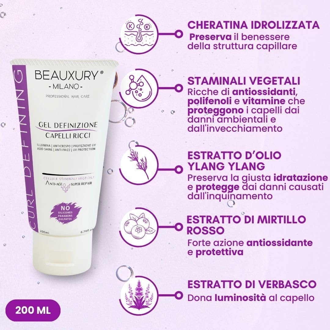 Detalle de Beauxury Milano Gel Definizione Capelli Ricci - Azione Anticrespo con Staminali Vegetali 200 ml