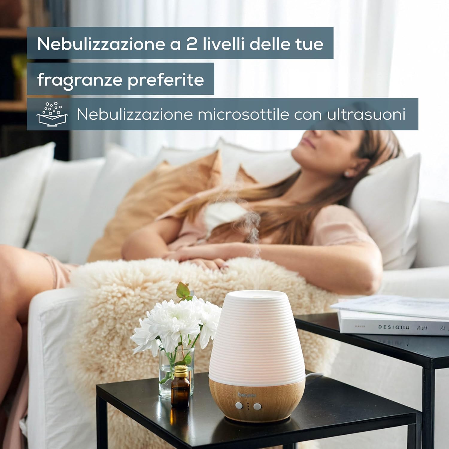 Detalle de Beurer LA 40: diffusore aromatico ultrasuoni con LED colorato in bambù e porcellana