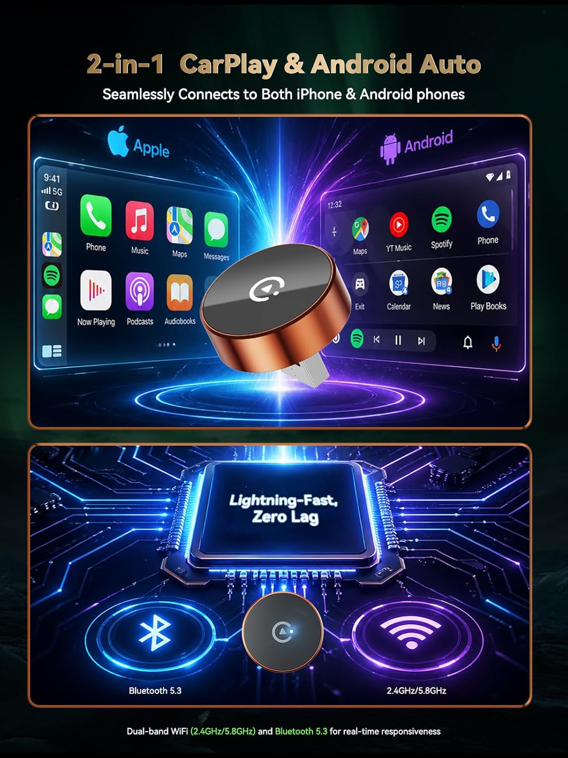 Detalle 2 de Spedal 2026 Adaptateur sans Fil 2-en-1 CarPlay & Android Auto – WiFi 6, faible latence, USB-C/ USB-A (Rond Orange)