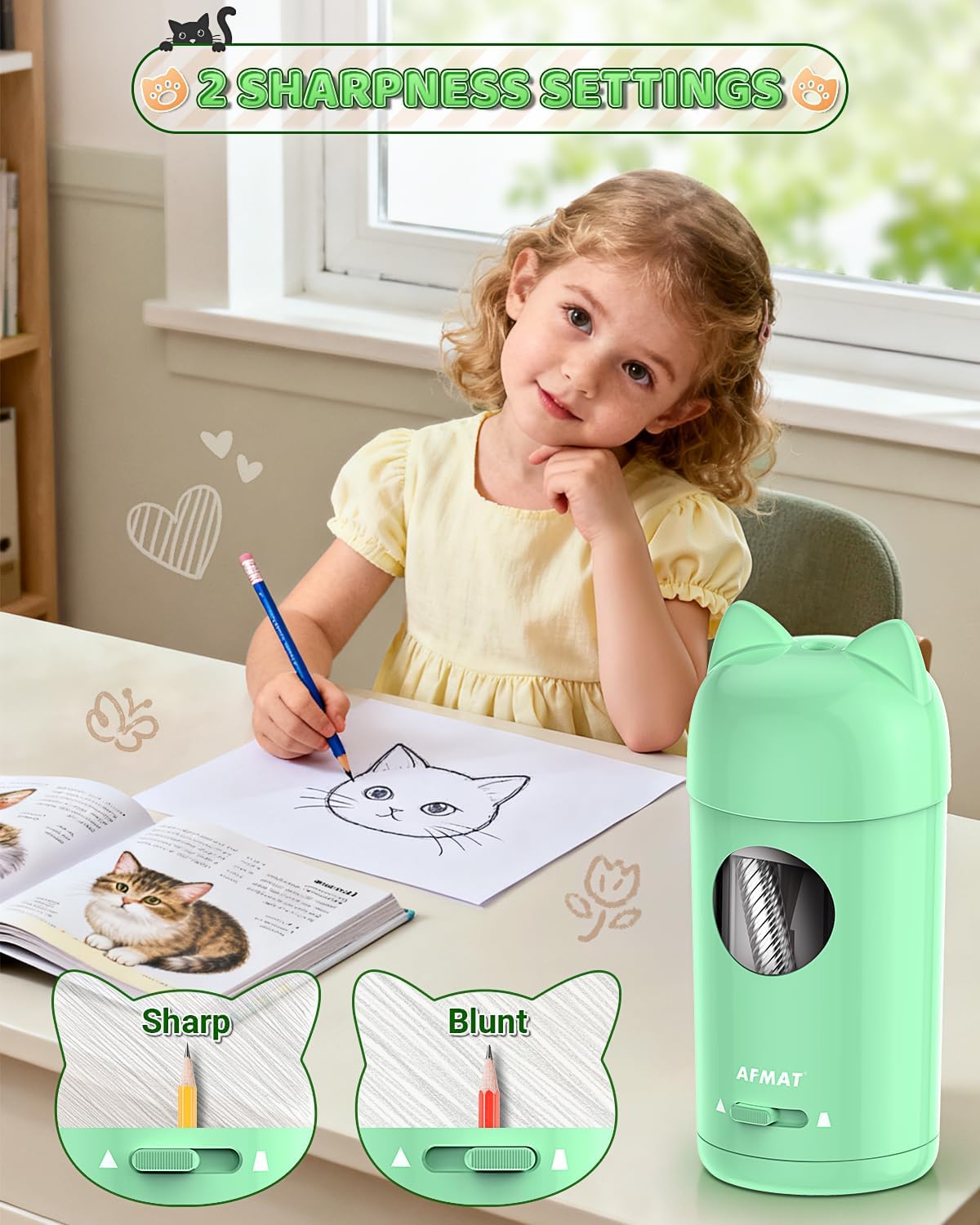 Thumbnail 4 de AFMAT Fully Automatic Electric Pencil Sharpener with Cat-Ear Design (Green PSX9) for 7–8mm Pencils