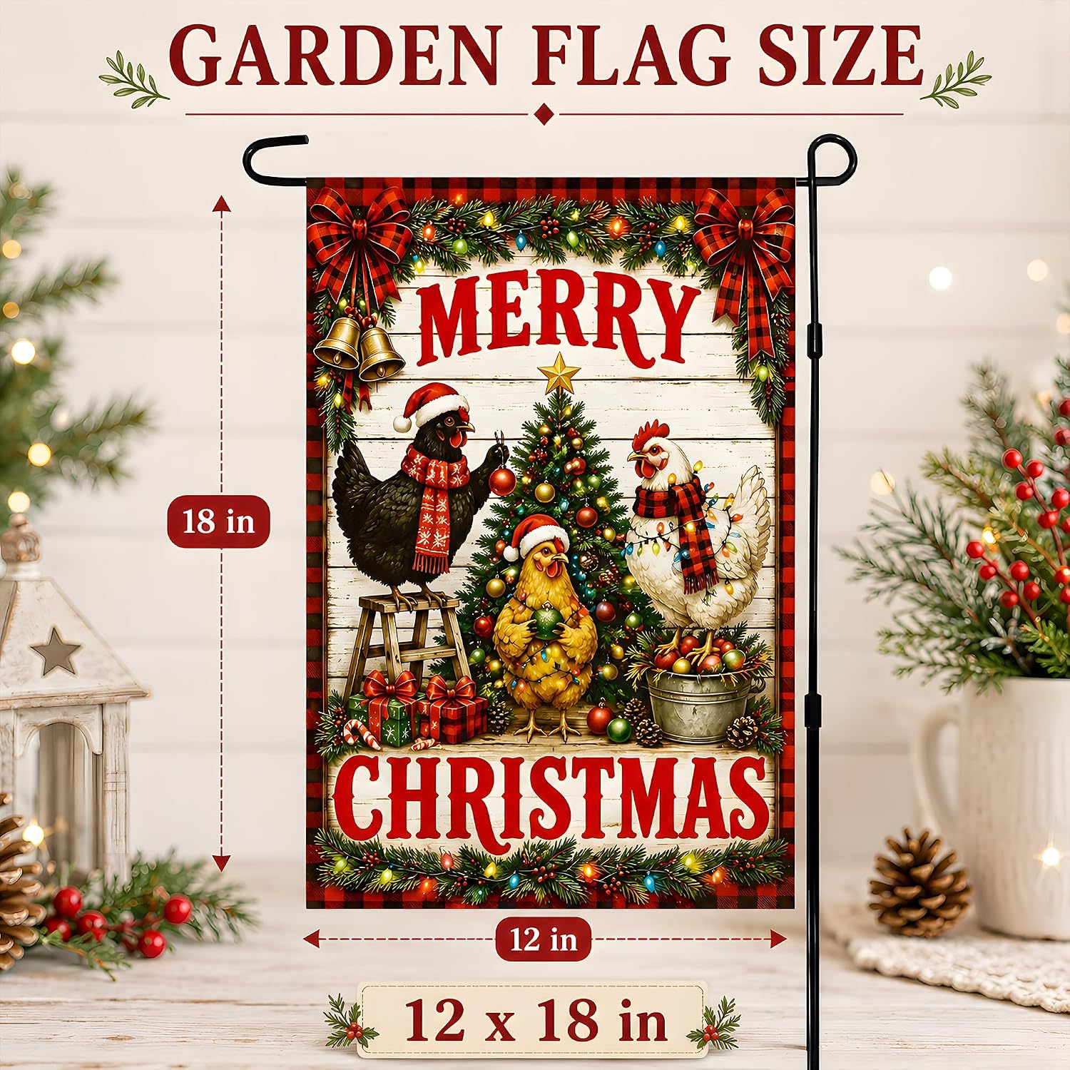 Detalle de OHOME Farmhouse Chickens Merry Christmas Garden Flag, Double-Sided Polyester