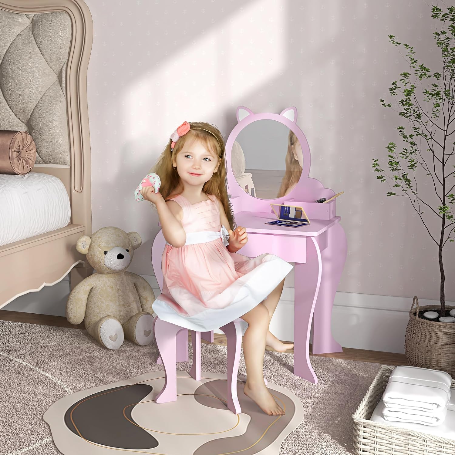 Thumbnail 1 de ZONEKIZ Kids Dressing Table with Mirror and Stool – Pink (Ages 3–6)