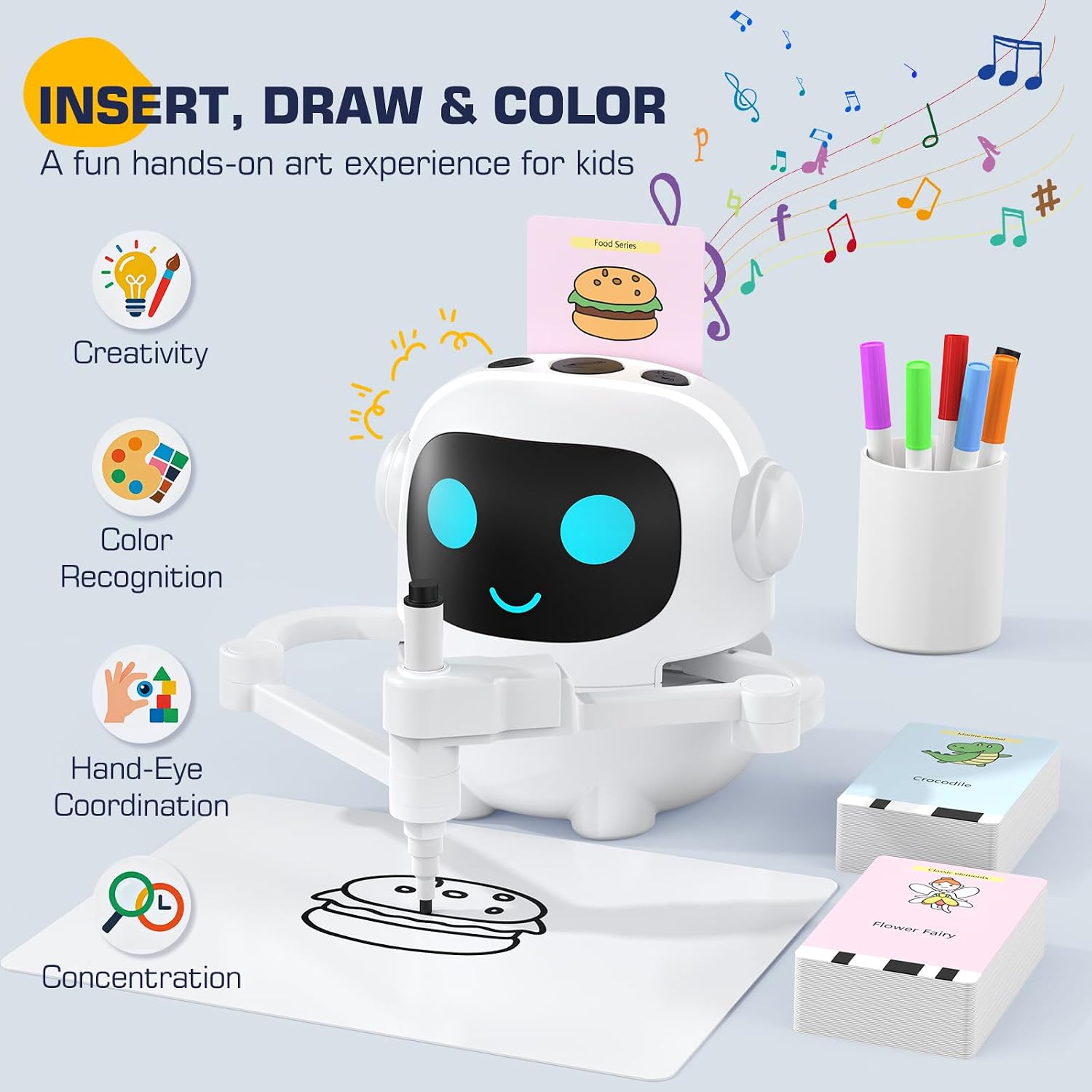 Detalle de YPHJLZX Kids Drawing Robot with 200 Cards, Voice Interaction and Music