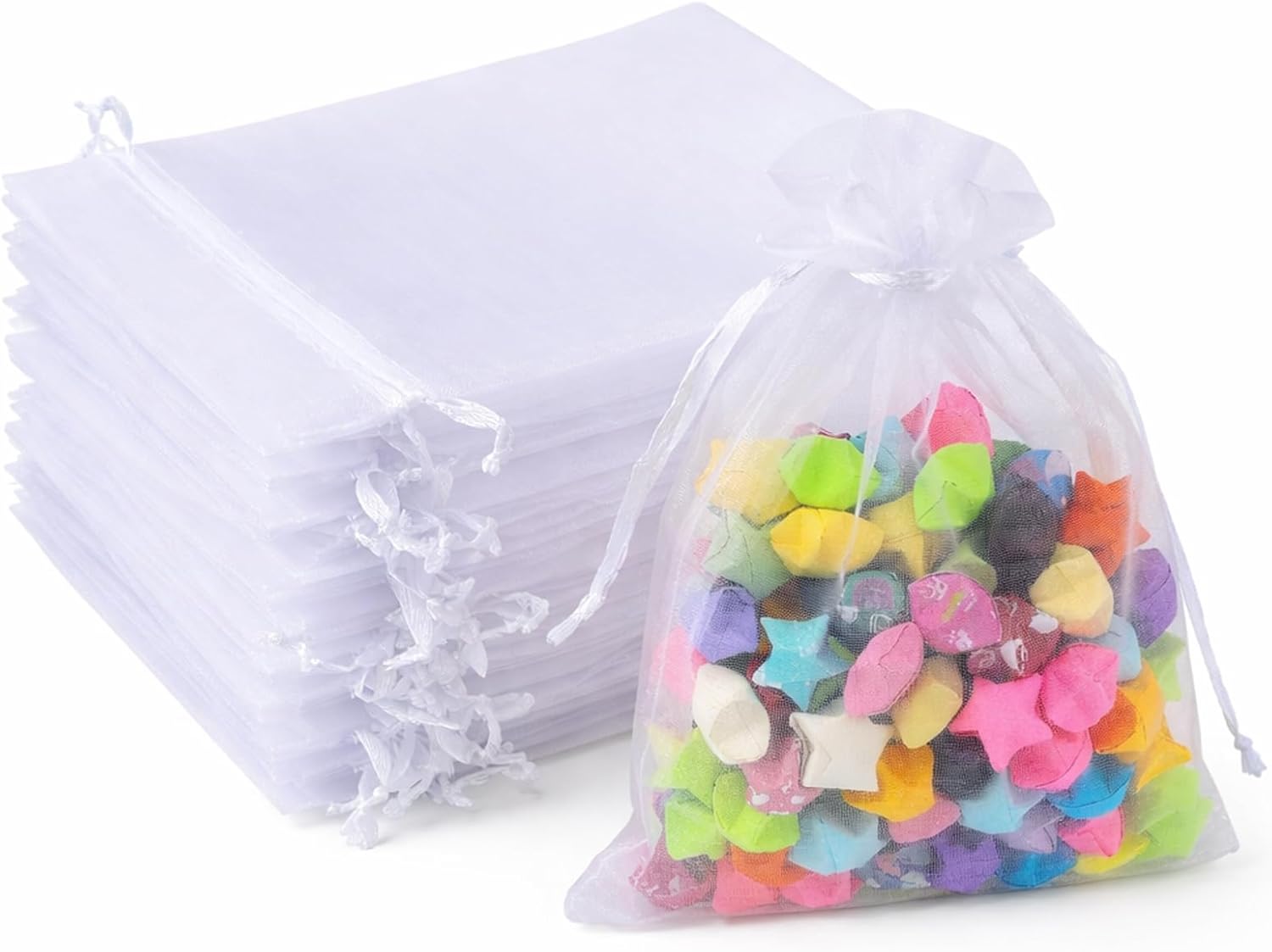 Detalle de G2PLUS 100 Stück Weiß Organza-Säckchen 10x15 cm – Geschenkbeutel mit Kordelzug