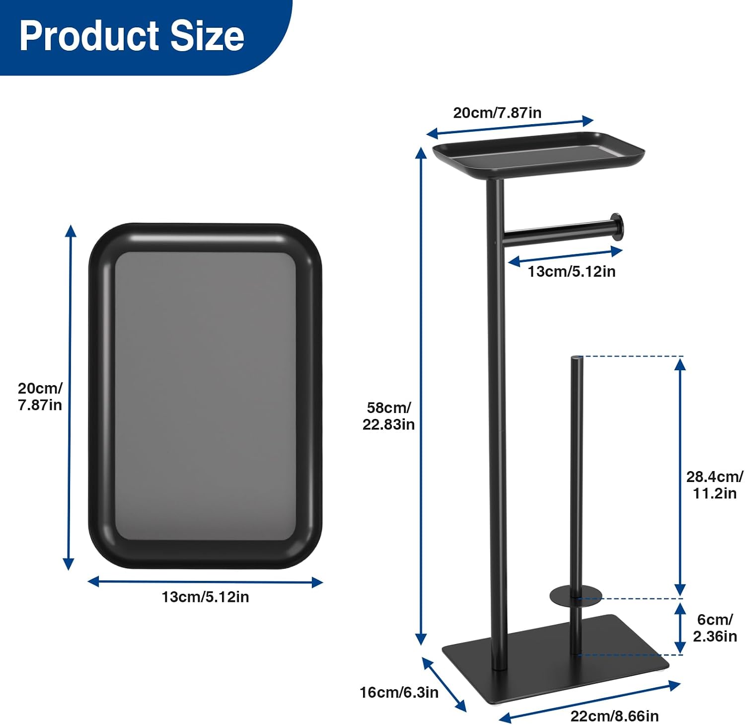 Detalle de Black Toilet Paper Holder Stand with Top Storage Shelf — Free Standing Floor Dispenser for 4 Reserve Rolls