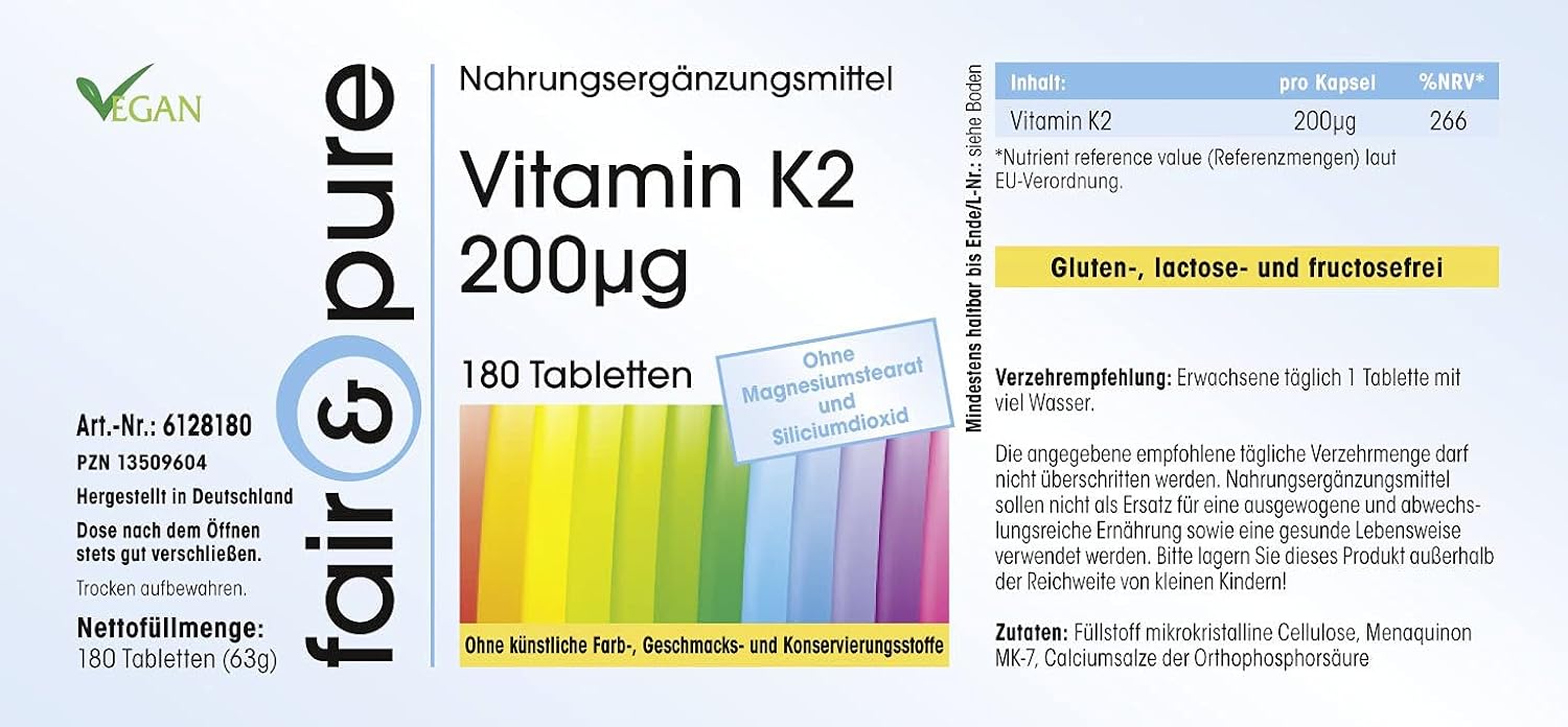 Detalle de Fair & Pure Vitamin K2 200µg MK-7 – 180 Tabletten, vegan, hergestellt in Deutschland