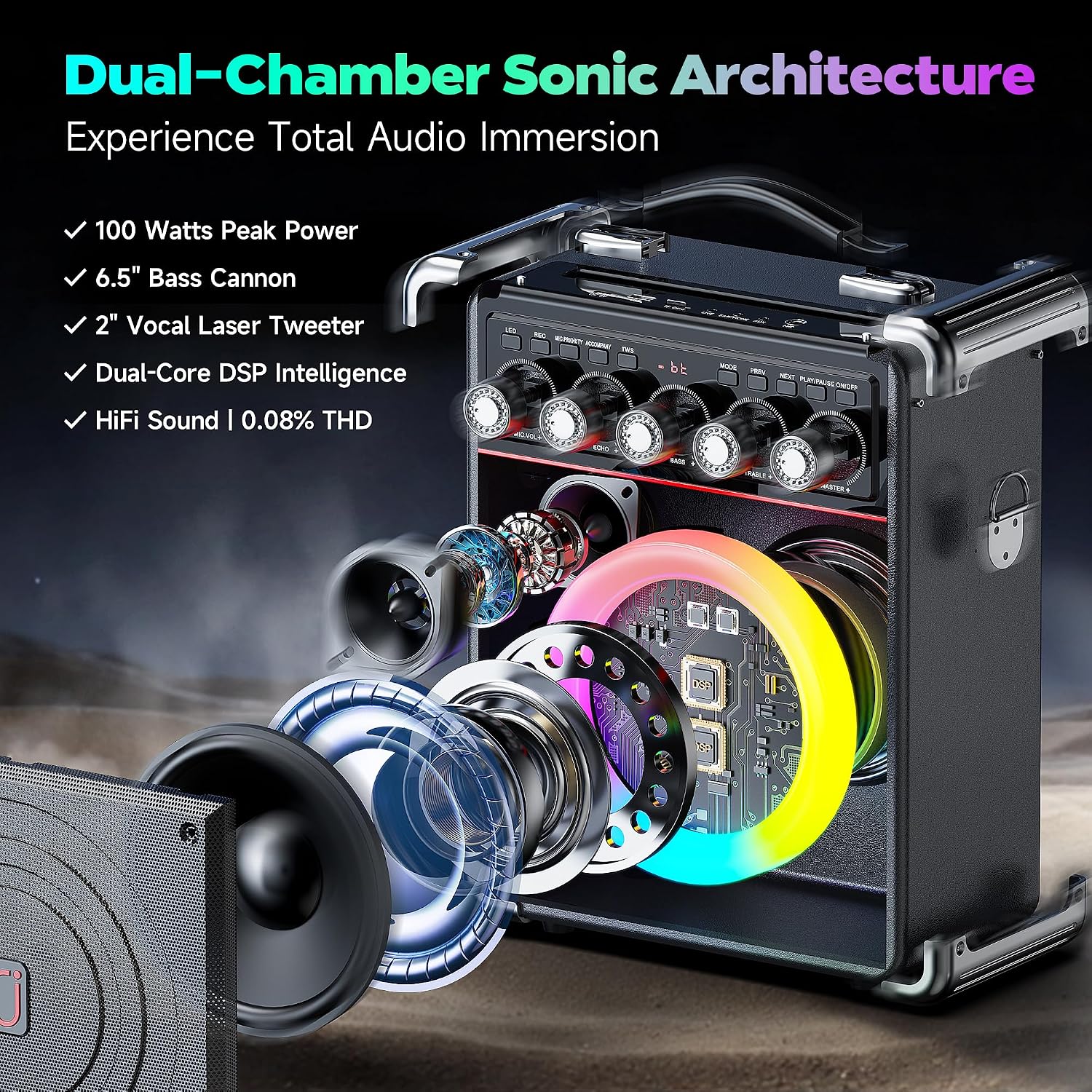 Detalle 2 de PPMIC TX05 Portable Karaoke Machine, 100W, Bluetooth 5.3, 2 Wireless Mics