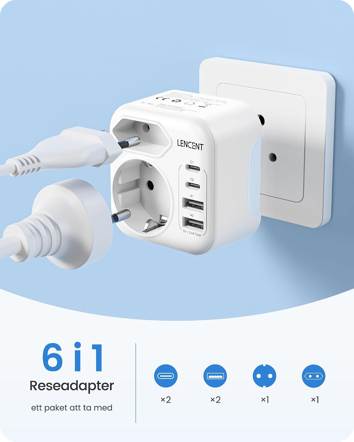 Detalle de LENCENT IN reseadapter Typ D, vikbar med 2 USB-C och 2 USB-A