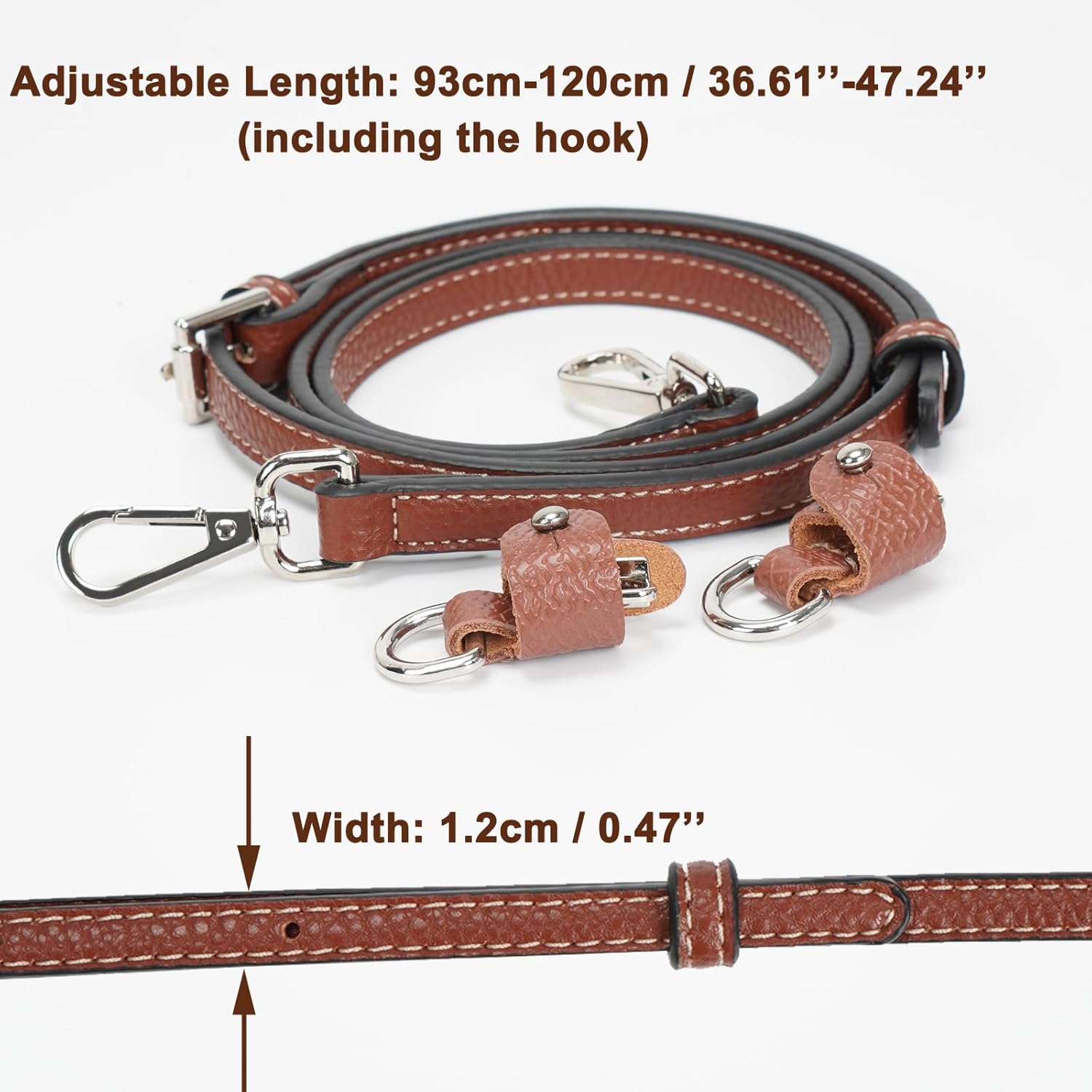 Detalle de FLYAMAPIRIT Schultergurt für Longchamp Taschen – 1,2 cm Lederersatzgurt, verstellbar 93–120 cm, Cognac + Silberhaken
