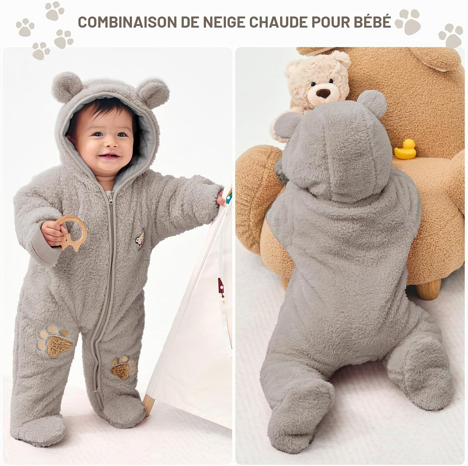 Thumbnail 1 de JiAmy fleece-sneeuwpak voor baby’s met capuchon, omslaghandschoenen en bedekte voeten, 0-18 maanden