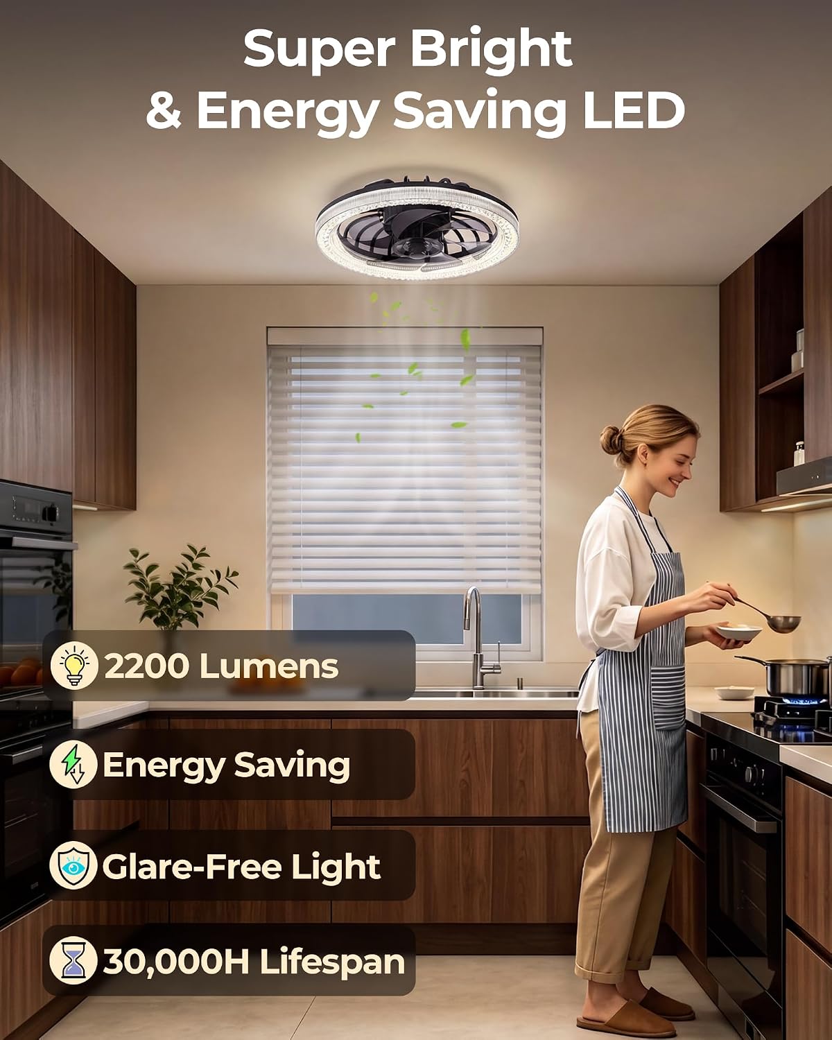 Detalle de Kleqop KL-CF-B Socket Fan Light, 2200 lm LED and 4 Fan Speeds