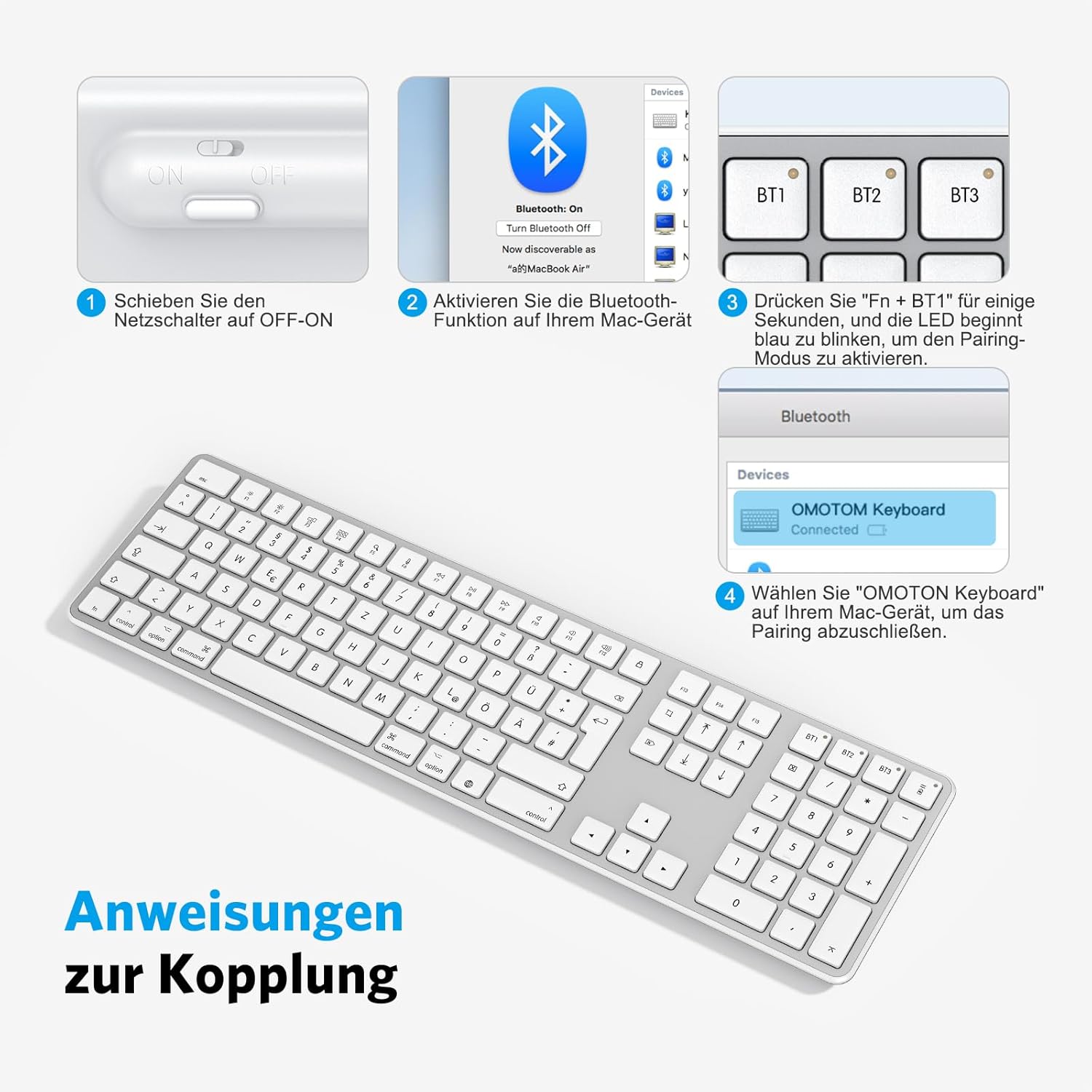 Thumbnail 6 de OMOTON Bluetooth Mac-Tastatur (kabellos, wiederaufladbar) mit 3 Bluetooth-Kanälen – QWERTZ DE für MacBook, iMac & Co.