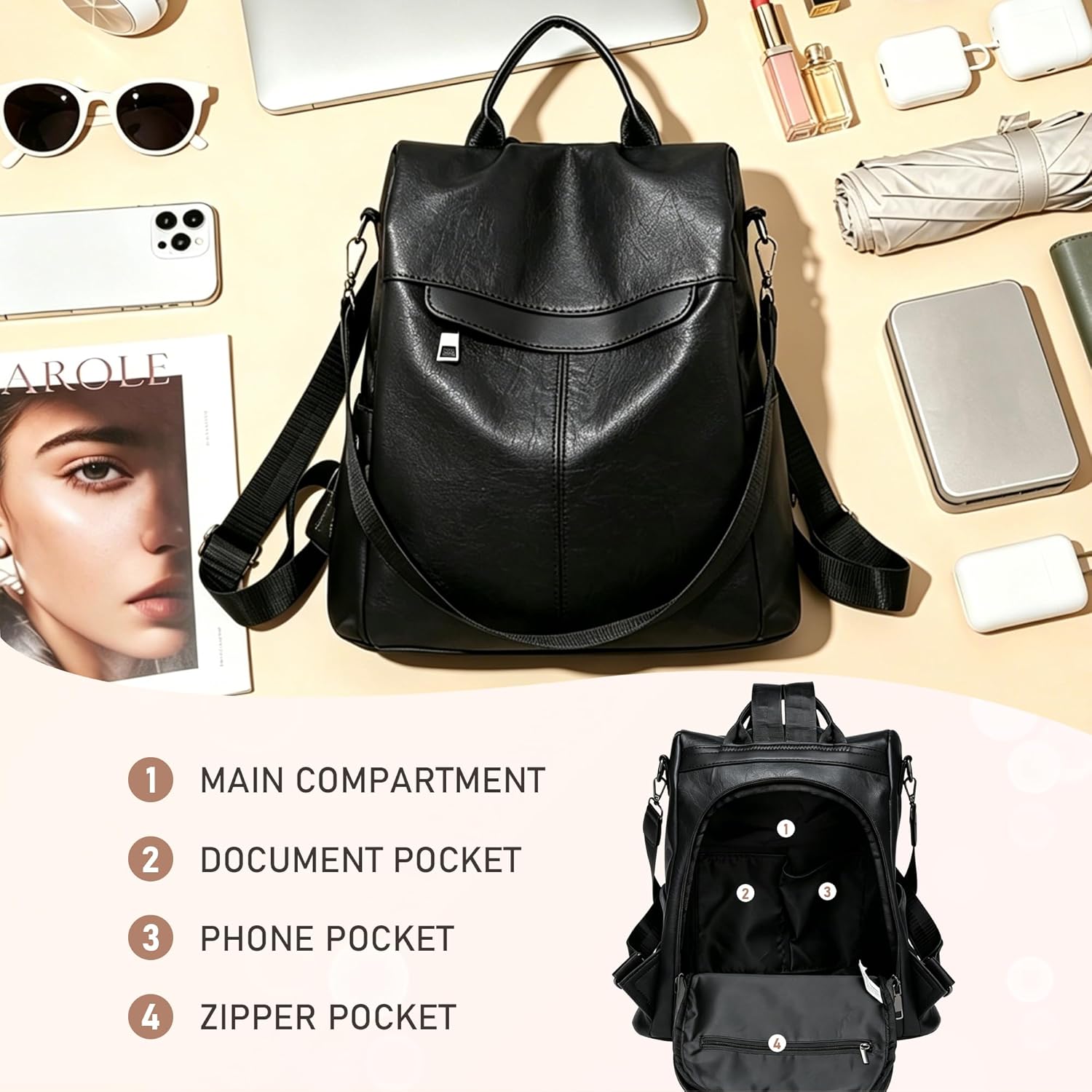 Detalle de shepretty Anti-Theft Backpack for Women – Travel Rucksack in Artificial Leather