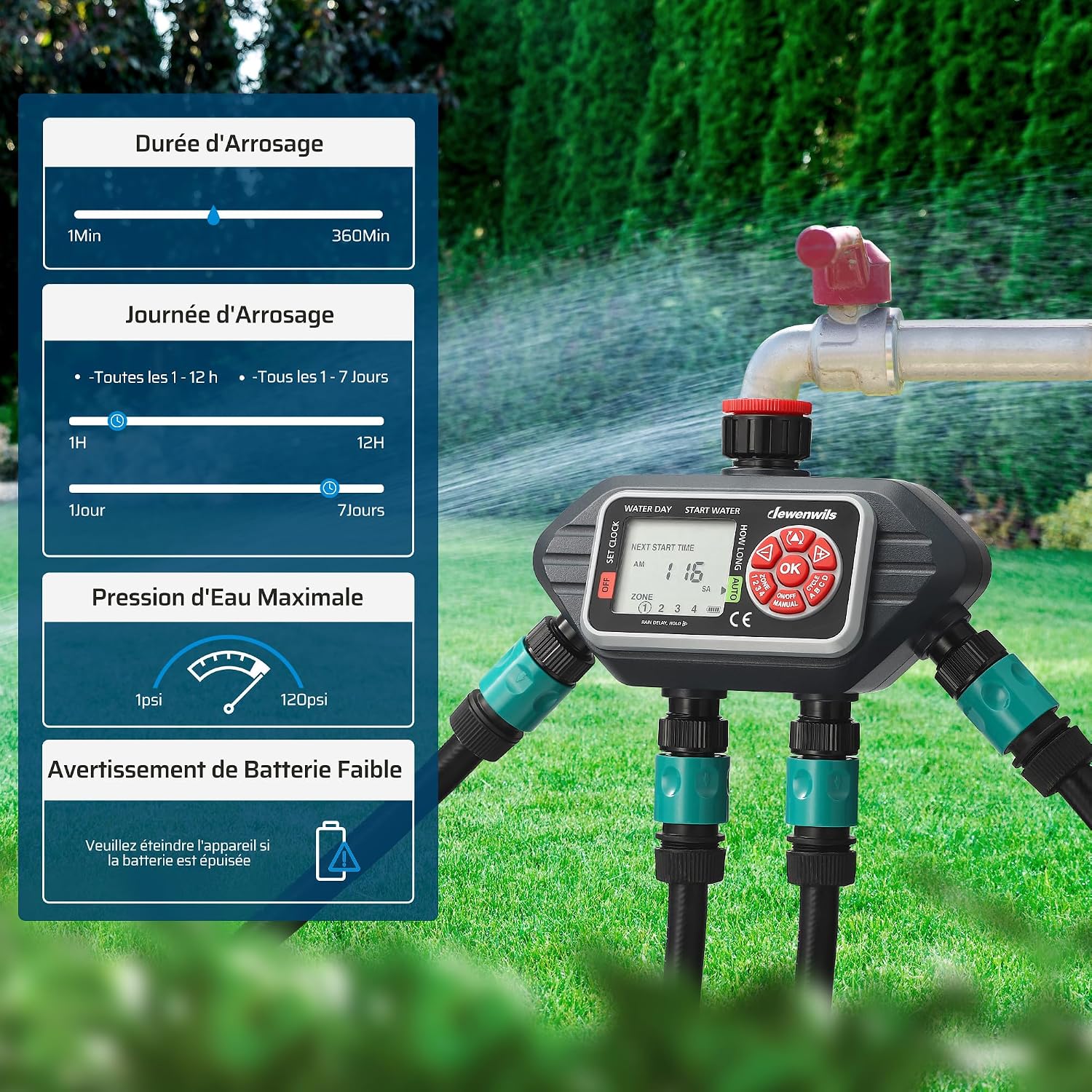 Detalle de DEWENWILS Programmateur Arrosage 4 Voies – 4 programmes indépendants par zone (IP54)