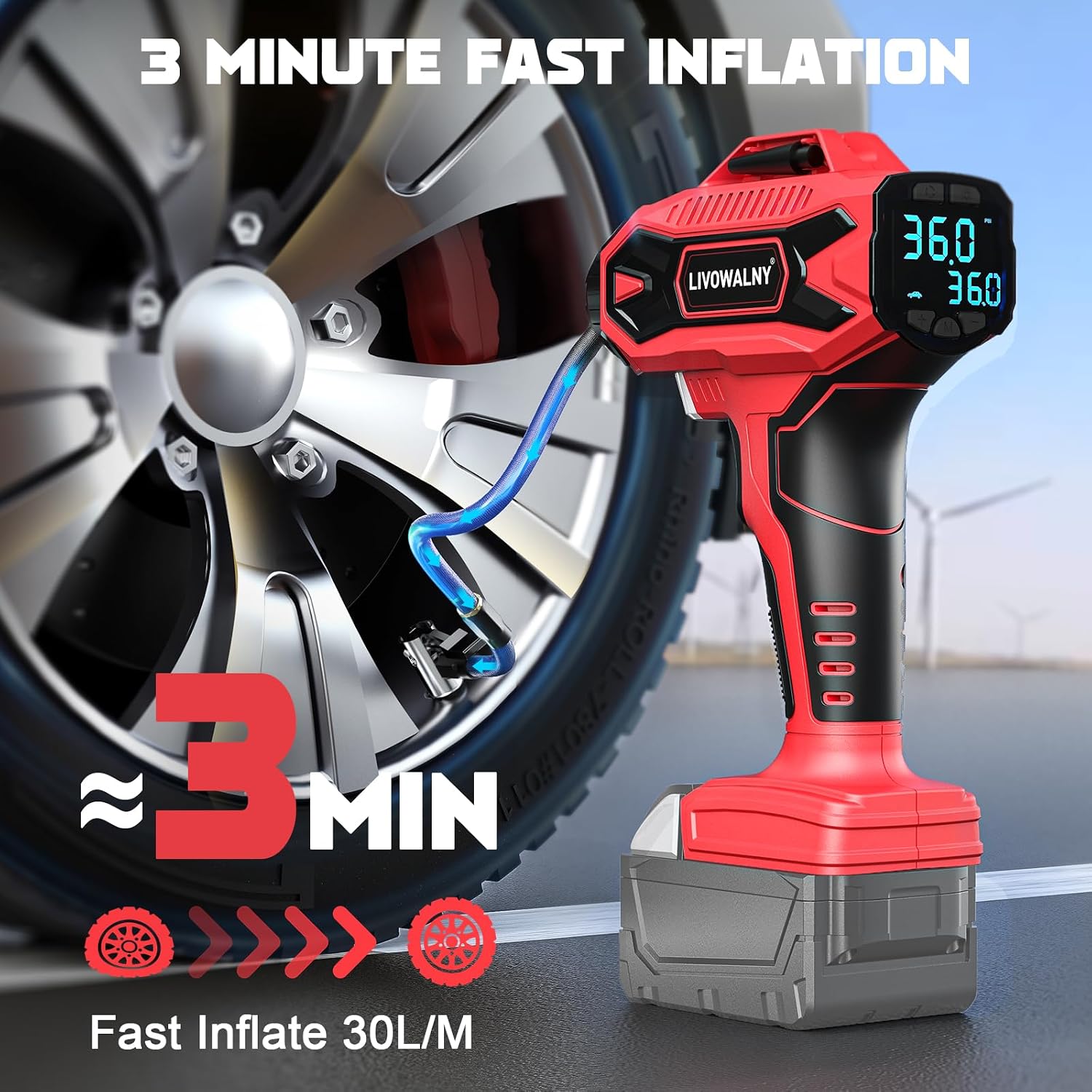 Detalle 2 de LIVOWALNY 160PSI Cordless Tire Inflator Compatible with Milwaukee 18V