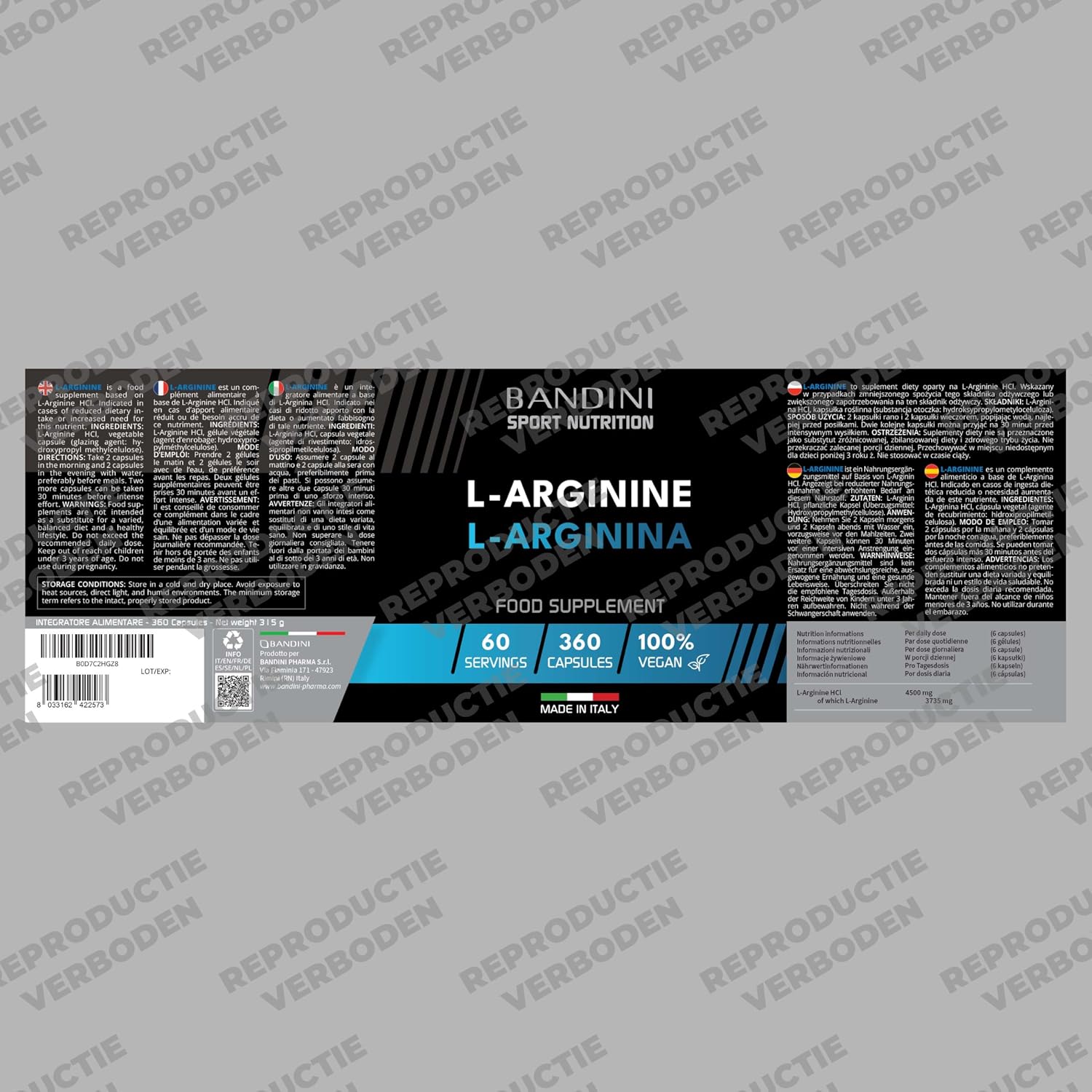 Detalle de Bandini L-Arginine 360 capsules, 4.500 mg arginine-HCl, vegan
