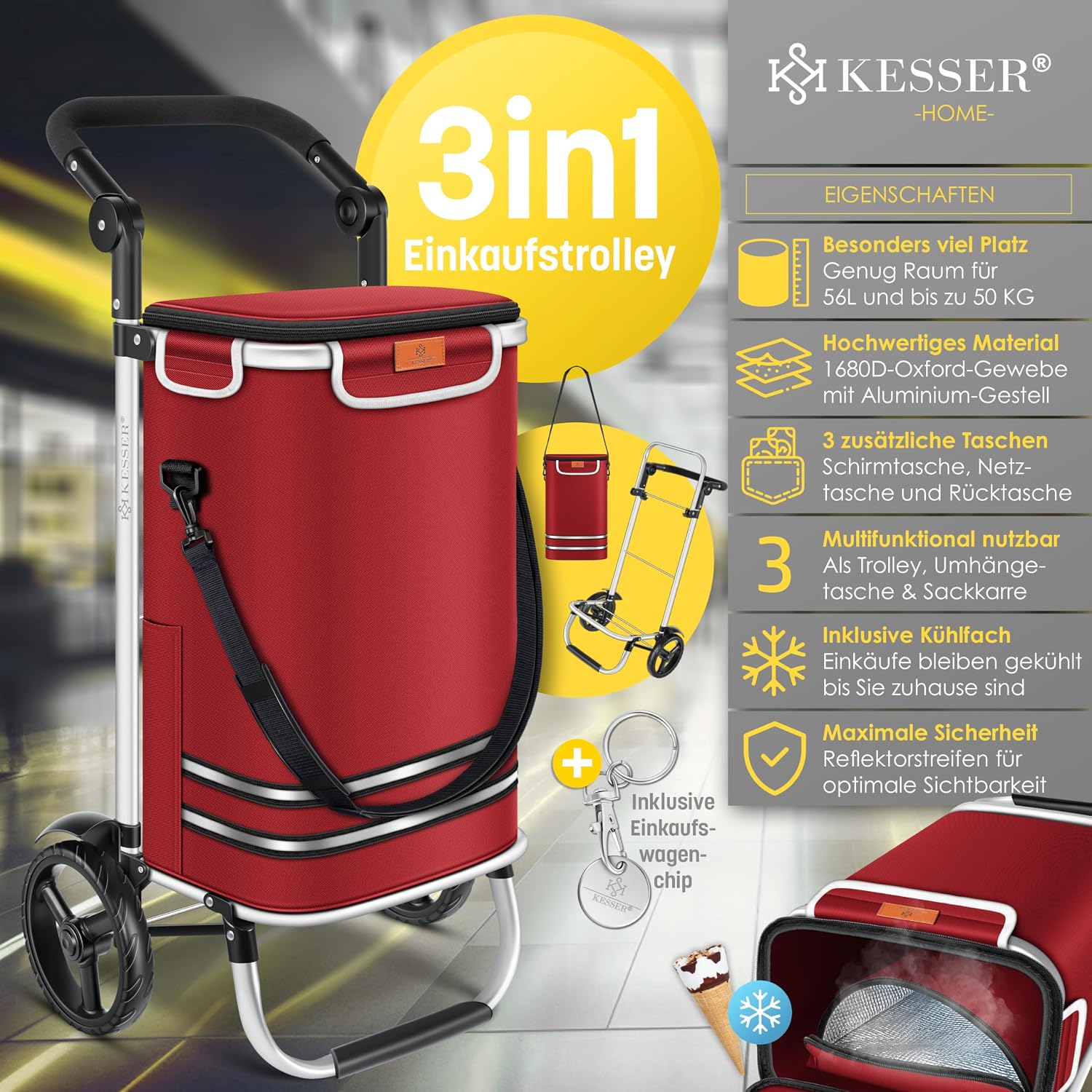 Detalle 2 de KESSER Einkaufstrolley klappbar 56 l (bis 50 kg) mit Kühlfach & Umhängetasche – Bordeaux Rot