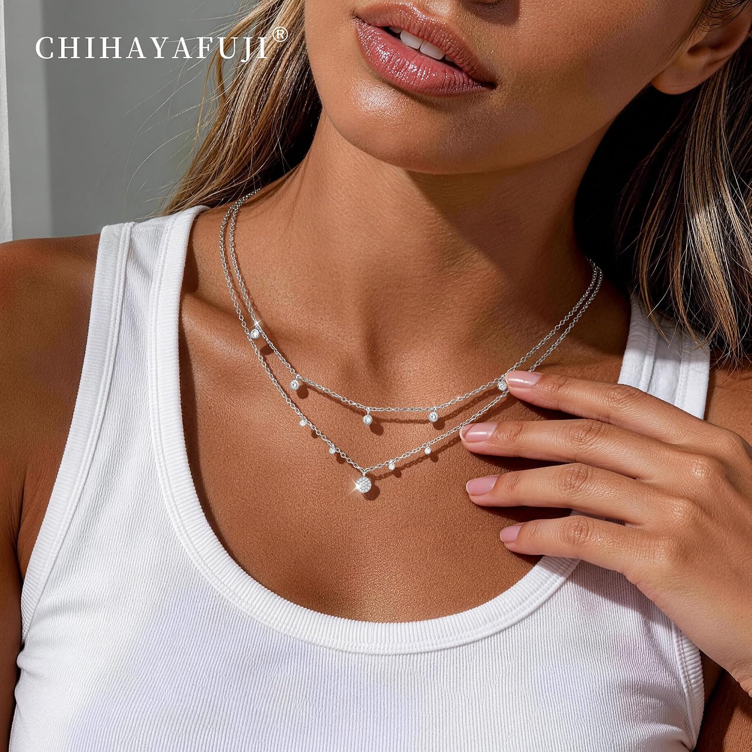 Detalle de Chihayafuji 925 Silver Pendant Necklace for Women – Layered Dainty Cubic Zirconia, Gold Plated & Waterproof