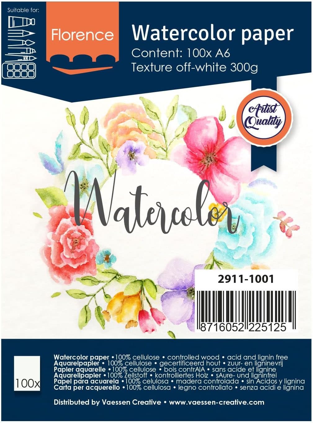 Detalle de Vaessen Creative Papier Aquarelle Florence A6, Ivoire — 100 feuilles, 300 g/m², surface rugueuse