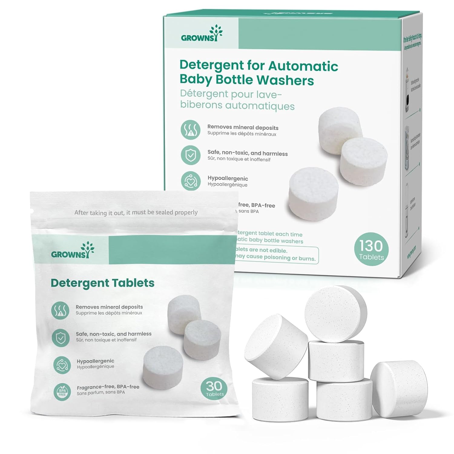 Detalle de Grownsy 130 Stück Babyflaschen Reinigungstabletten – kompatibel mit Grownsy, Baby Brezza, Momcozy