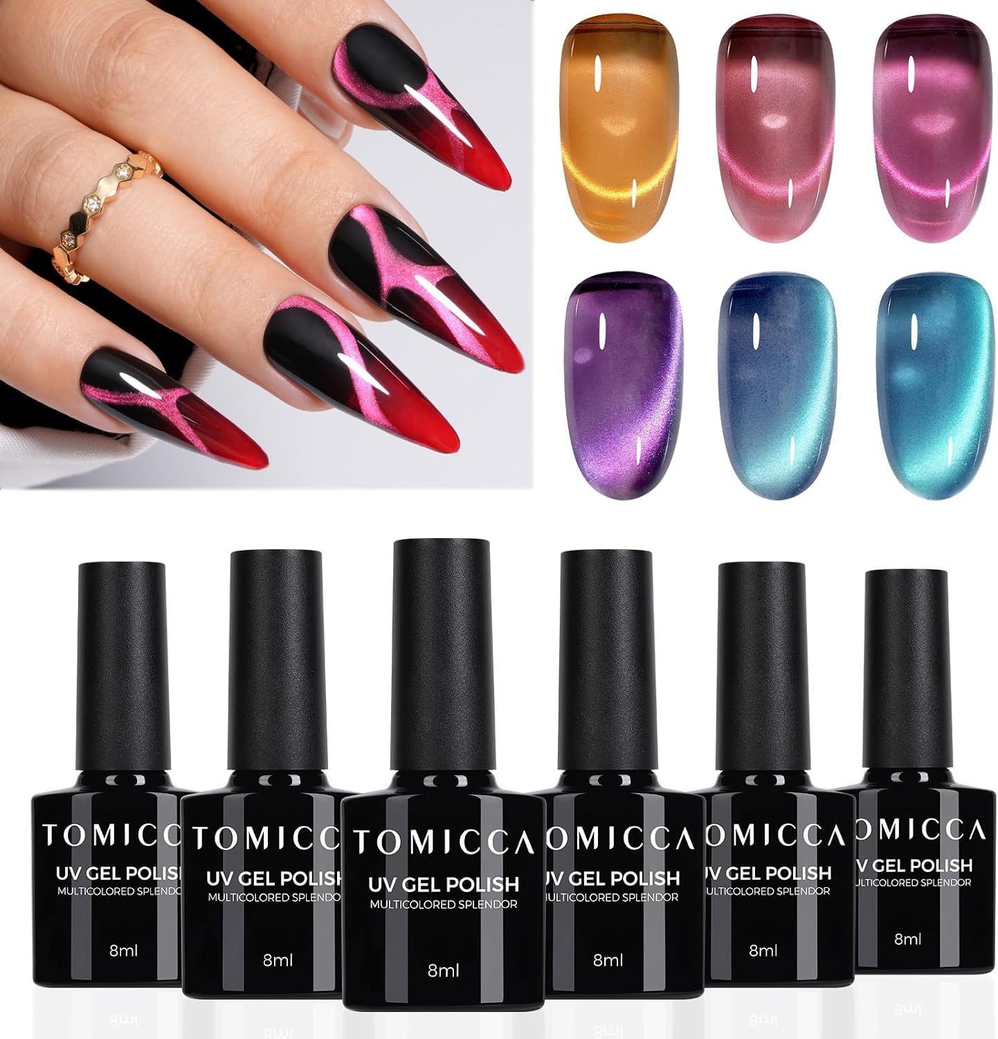 Detalle de TOMICCA Cat Eye Gel Nail Polish – Kit 6 couleurs Violet / Bleu profond, effet verre cristal magnétique, 8ml