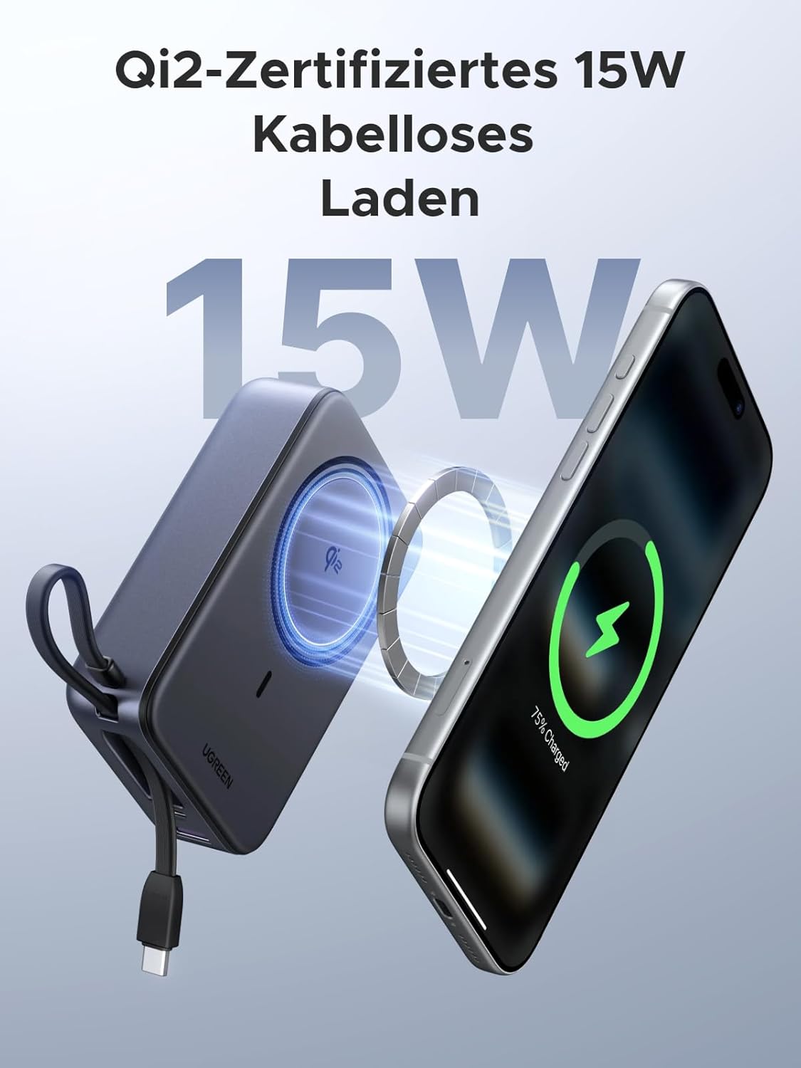 Thumbnail 1 de UGREEN Zapix Qi2 15W MagSafe Powerbank (20000 mAh) mit integriertem USB-C-Kabel – Qi2-zertifiziert