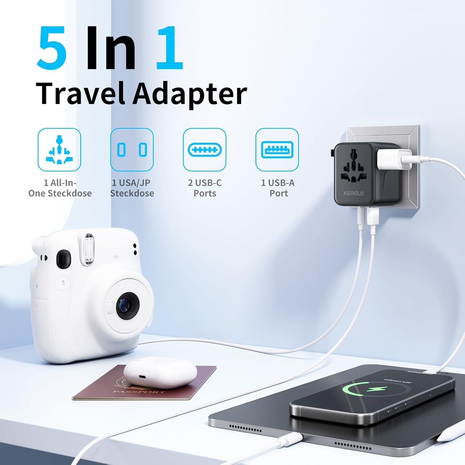 Thumbnail 1 de 5-in-1 Reiseadapter Weltweit Universal Adapter mit USB A & USB C und 2 Steckdosen (für EU, USA, UK, Japan u. a.)