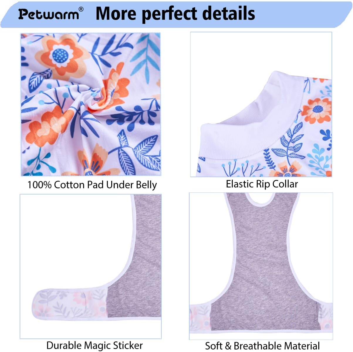 Detalle de PetWarm Dog Surgical Recovery Suit: Flower Pattern Orange, Size S