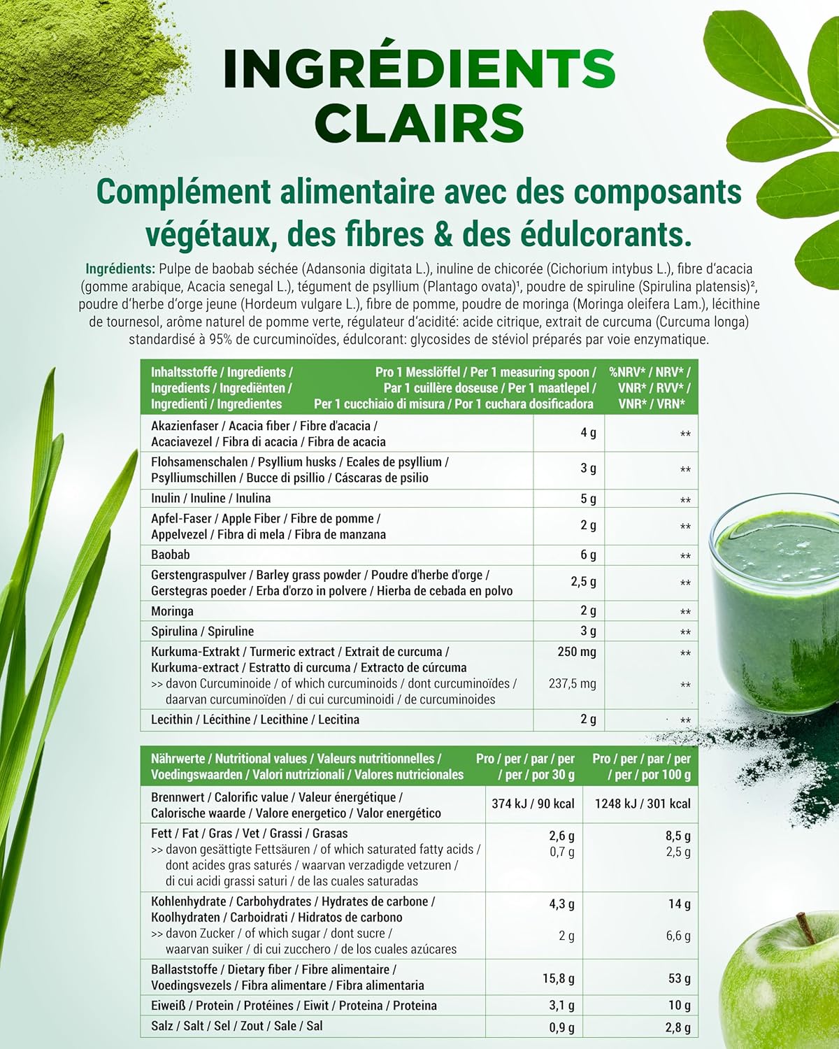 Detalle de Vit4ever Daily Greens & Fiber Poudre (600 g) – combinaison fibres & superfoods au goût pomme verte