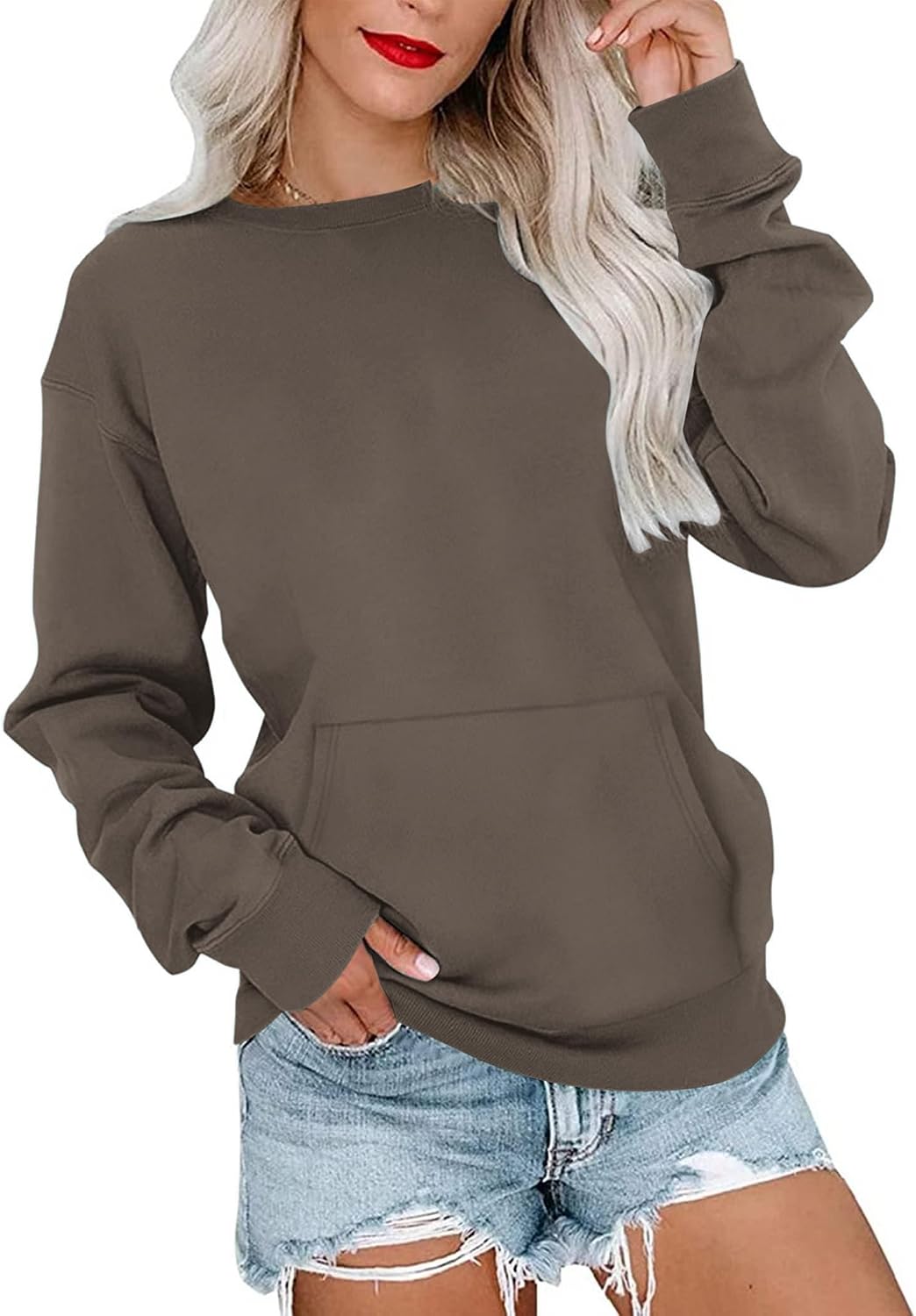 Detalle de MISFAY Women's Crewneck Sweatshirt with Kangaroo Pocket, Long Sleeves