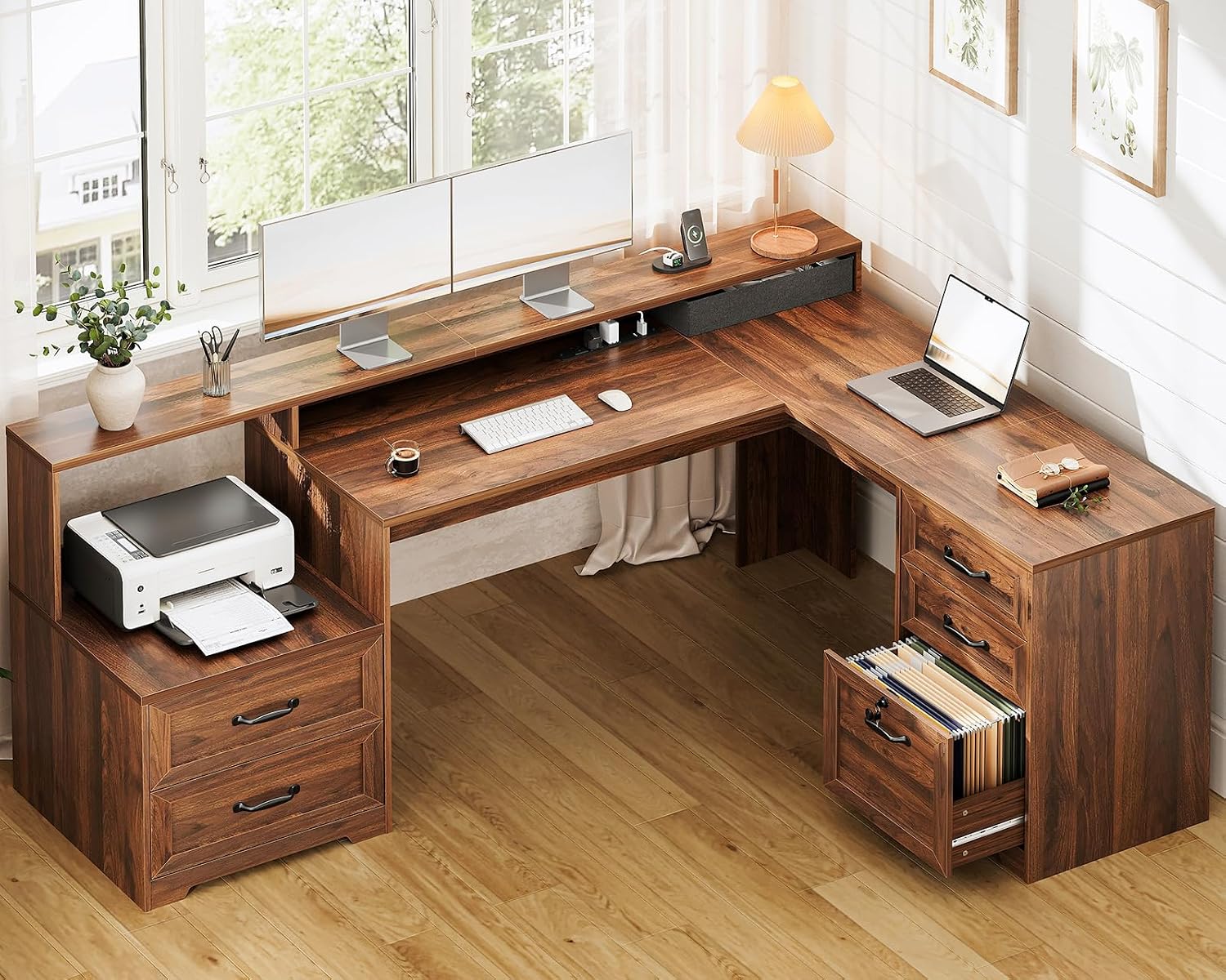 Detalle de OffiGo Executive L Shaped Desk, 68-Inch Farmhouse Desk with Walnut Finish