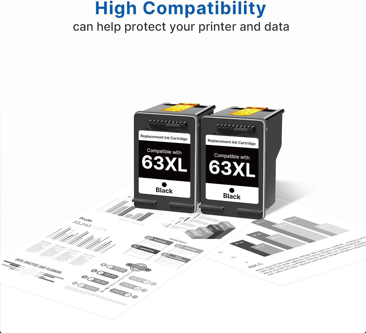 Detalle 2 de Wiseta 63XL Black Ink Cartridges, 2-Pack, Remanufactured for HP 63
