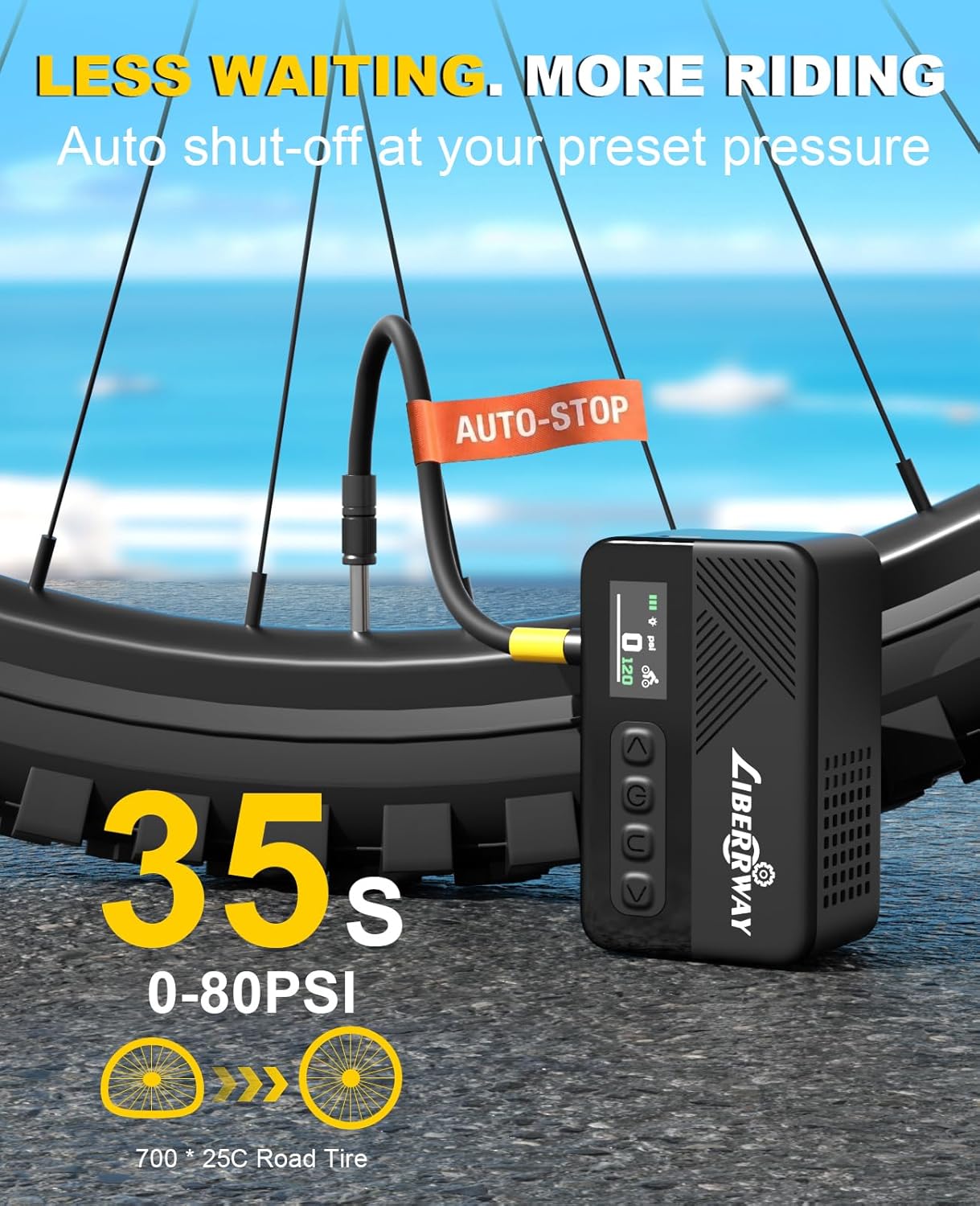 Thumbnail 2 de LIBERRWAY Mini Electric Bike Pump 120 PSI with Auto Stop, LED Light and USB-C Recharge