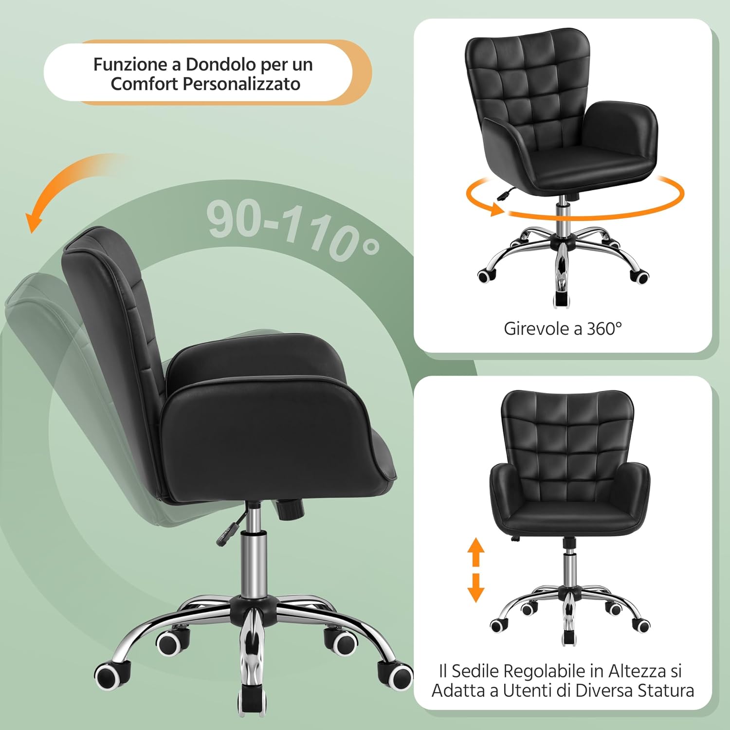 Detalle de Yaheetech Sedia/Poltroncina da Ufficio con rotelle, girevole e reclinabile, altezza regolabile, in similpelle nera