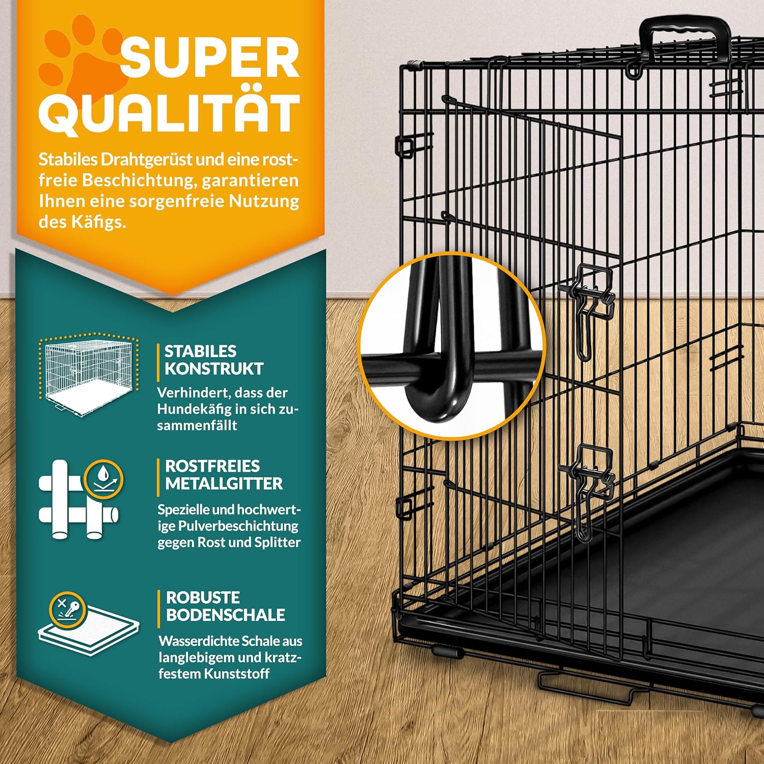 Detalle 2 de TRESKO Hundekäfig 107 x 71 x 77 cm faltbar mit 2 Türen – Transportkäfig für Auto mit Bodenschale