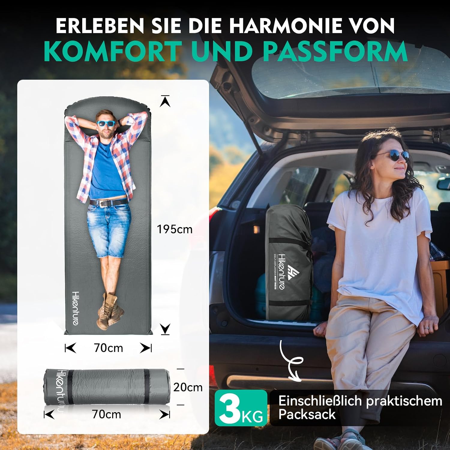 Thumbnail 5 de HIKENTURE Isomatte selbstaufblasend (8 cm) mit eingebettetem Kissen für Camping & Wandern