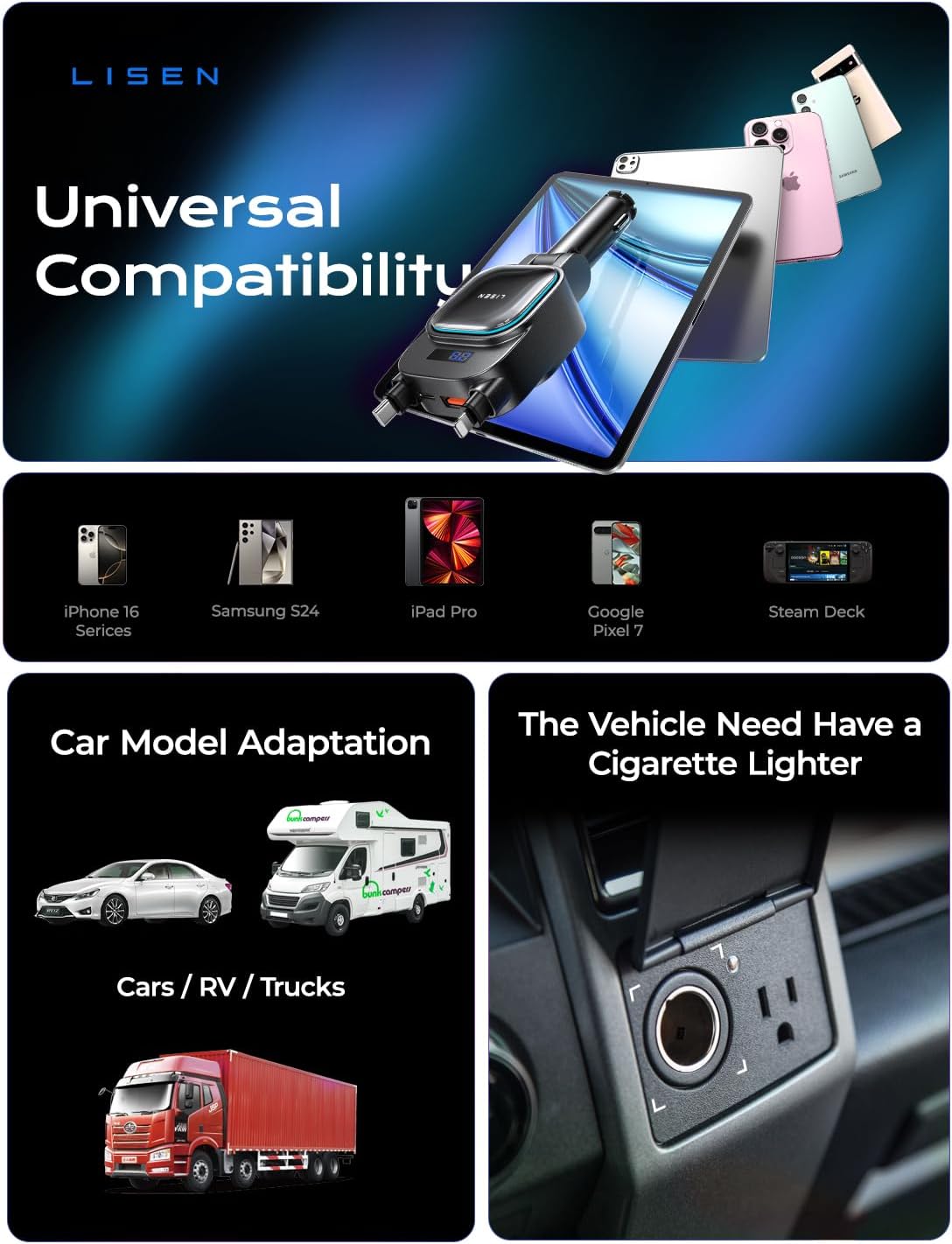 Thumbnail 5 de LISEN 96W Retractable USB‑C Car Charger Adapter — 4‑in‑1, 180° Rotating 96W Power Hub