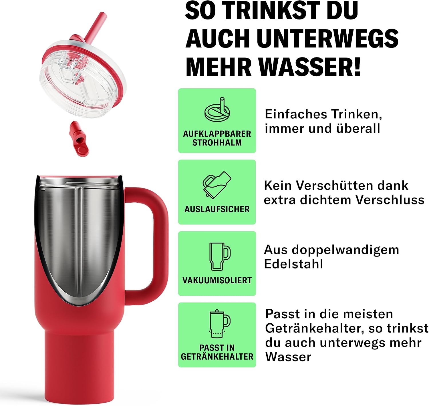 Detalle de waterdrop® Thermobecher mit Strohhalm 1,1L – Auslaufsichere Edelstahl-Trinkflasche mit klappbarem Mundstück
