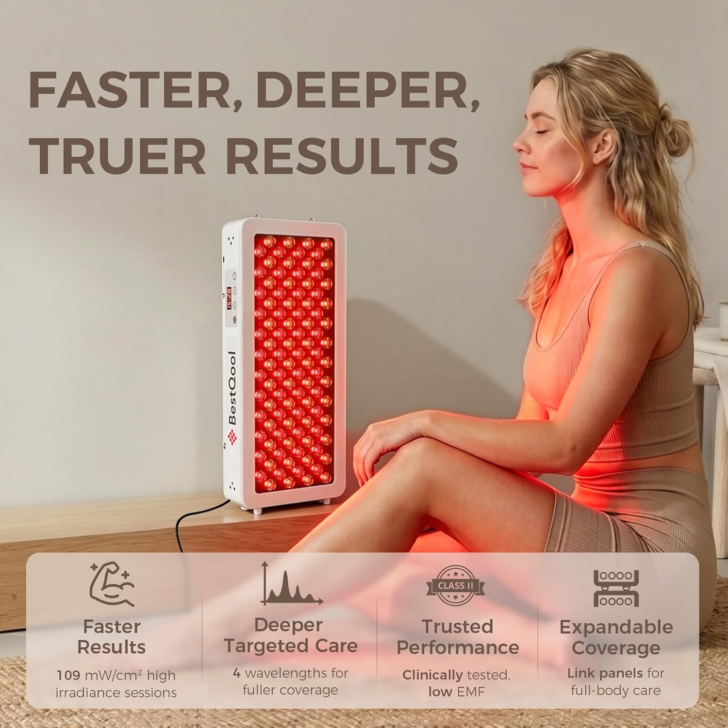 Detalle de BestQool Red Light Therapy Panel — 4 Wavelengths, 170W, Modular Pro100 with Dual-Chip LEDs