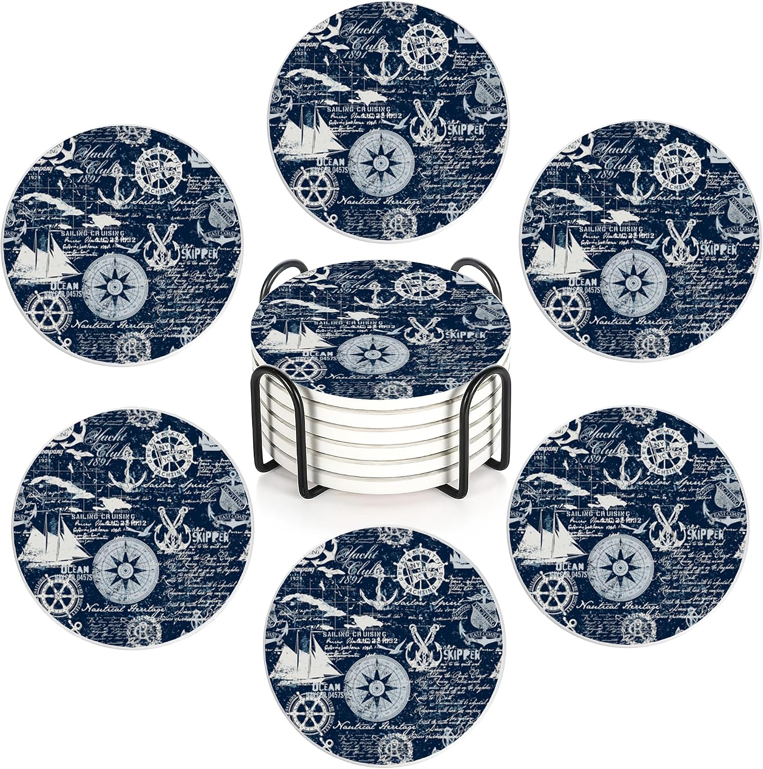 Anchor Navy Blue 6-Pack Absorbent Ceramic Coasters with Cork Base & Holder (10cm)