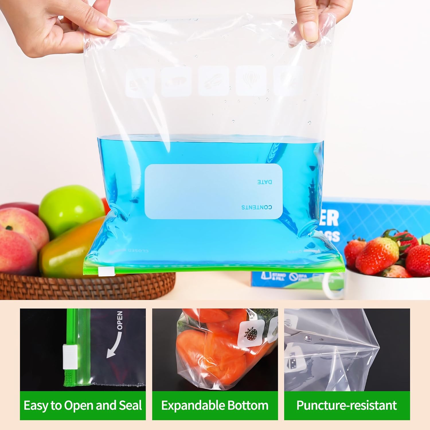 Thumbnail 5 de Freezer Bags Ziplock 60pcs (4.55L) BPA-free large food storage bags with writable area