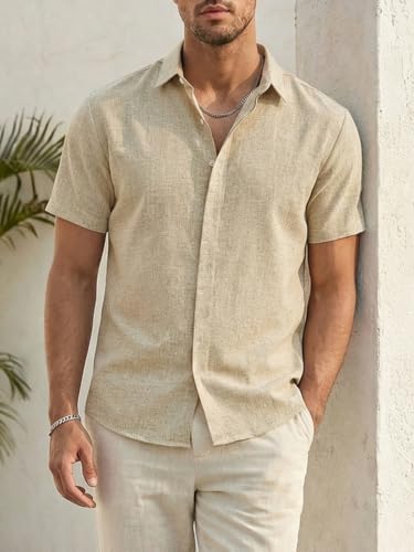 Thumbnail 4 de Runcati Herren Leinenhemd Kurzarm – sommerlich bequemes Business‑Shirt in Beige (Gr. M)