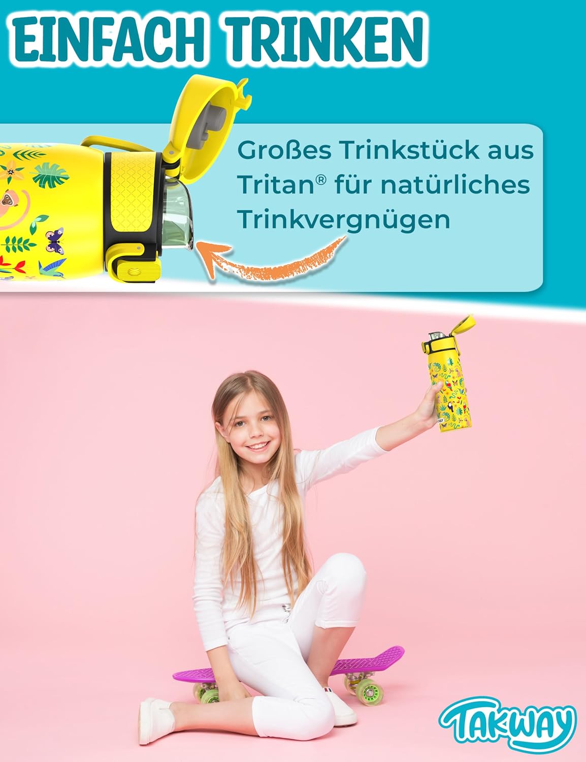 Detalle de TAKWAY Edelstahl Trinkflasche Kinder 550ml Flamingo – auslaufsicher, isoliert und kohlensäuregeeignet