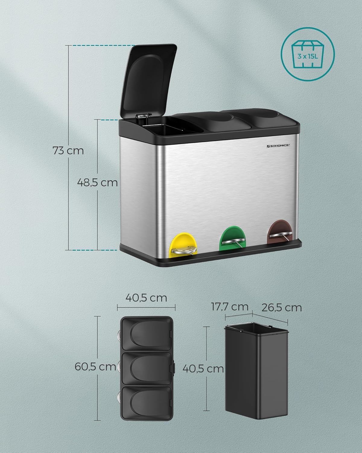 Detalle 2 de Cestino triplo da cucina 45 L SONGMICS