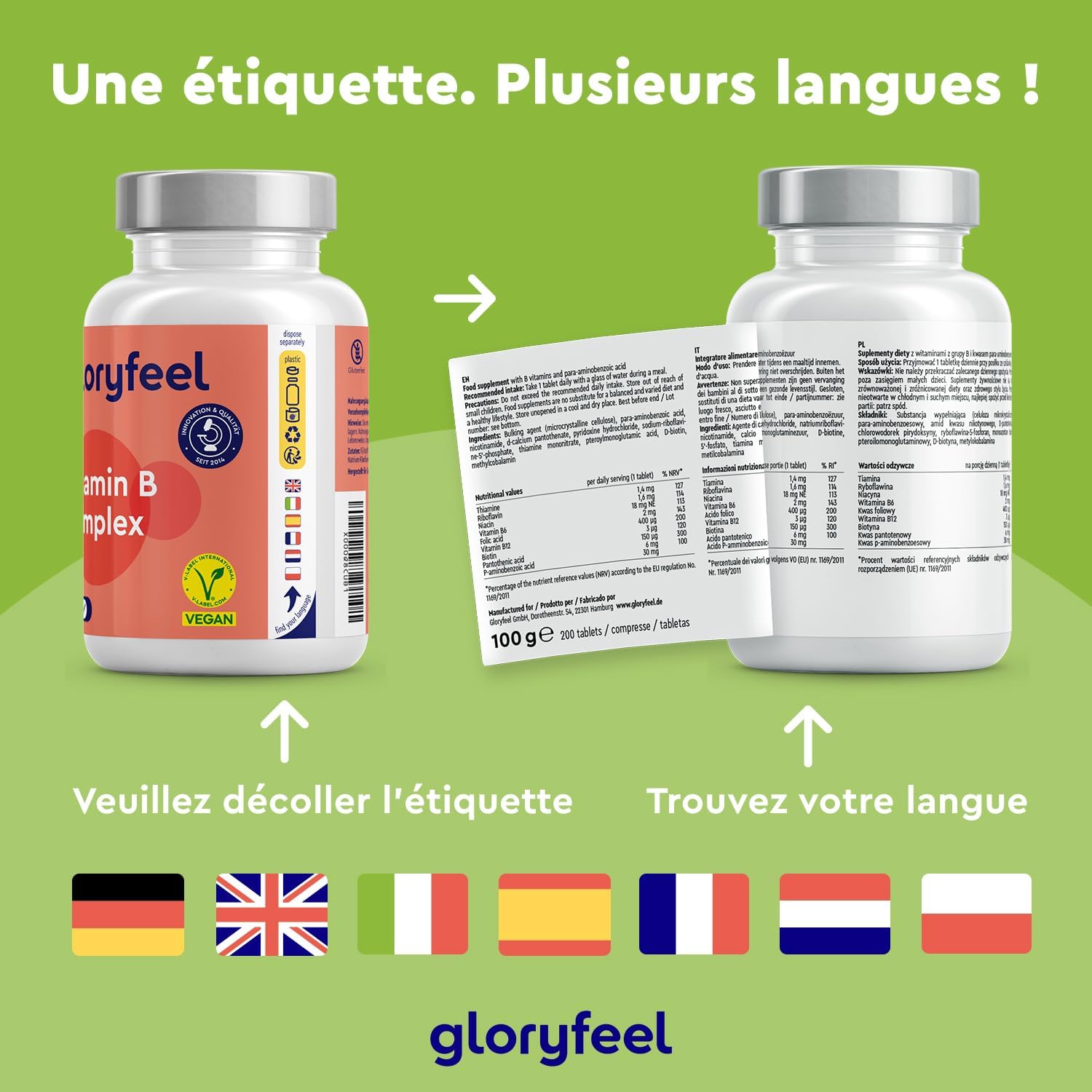 Thumbnail 6 de Vitamine B Complex Gloryfeel – 200 comprimés végan, 8 vitamines B + 7 mois d’utilisation