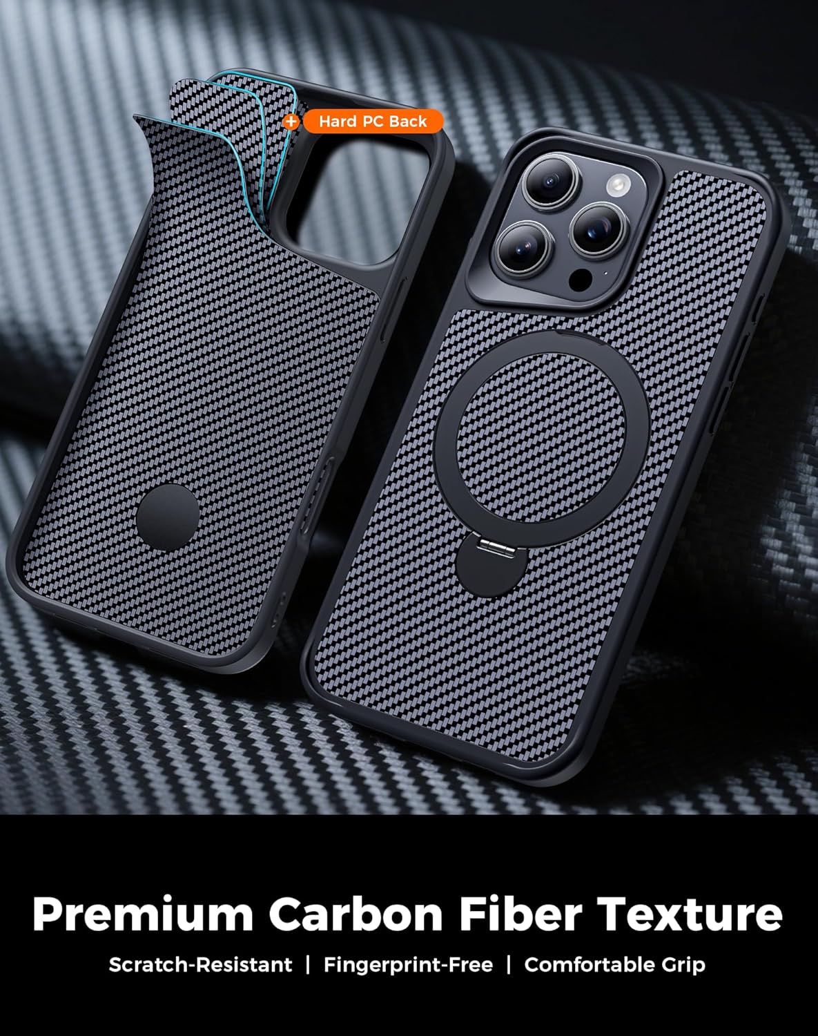 Detalle de Enlafavo 360° Magnetic Stand Case for iPhone 16 Pro Max — Carbon Fiber, 15ft Military Protection