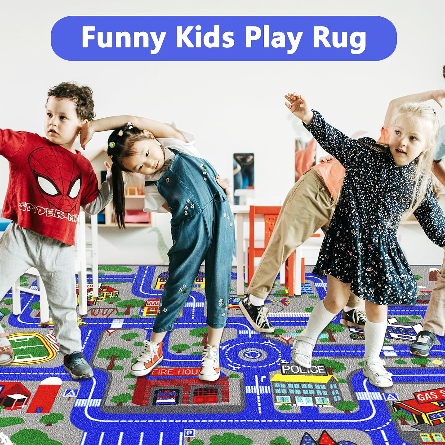 Detalle de Capslpad Kinder-Teppich Spielteppich „Stadt“ 200x300 cm – rutschfest, kurzflorig, maschinenwaschbar