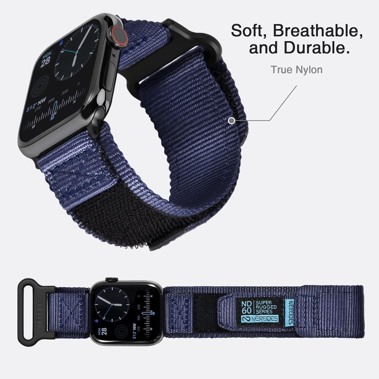 Detalle 2 de Nereides Nylon Sport Replacement Strap for Apple Watch – 46/45/44/49mm, Blue (Size L, 6.3–8.3 in / 160–210mm)